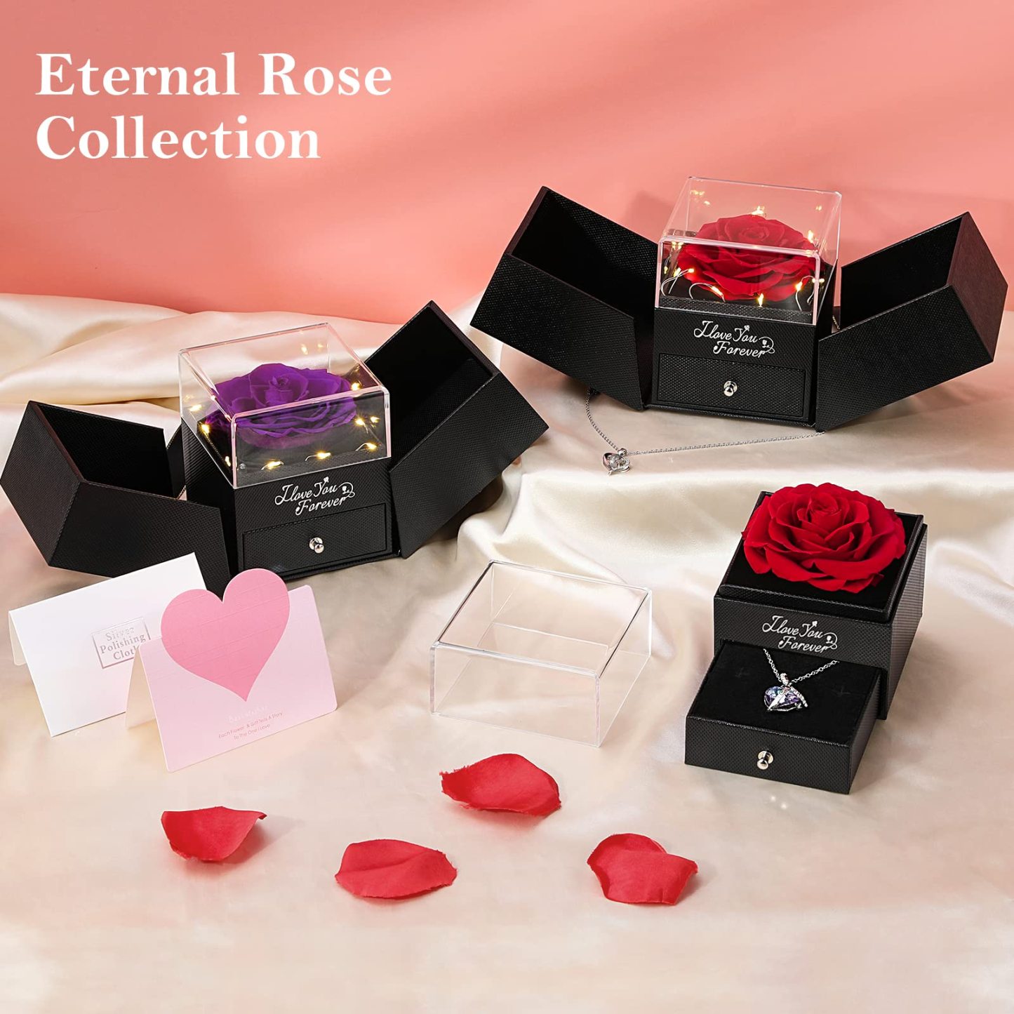 Emibele Preserved Rose Flower with Heart Necklace, Eternal Purple Rose Gifts for Her Women Mom Wife Grandma on Mothers Day Anniversary Birthday Valentines