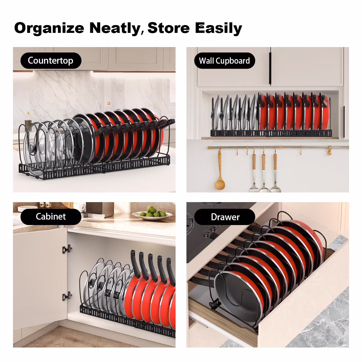 Housolution Pot and Pan Organizer, Expandable Pot Lid Organizer Rack with 14 Adjustable Dividers for Kitchen, Under Cabinet, Cutting Board, Bakeware, Black