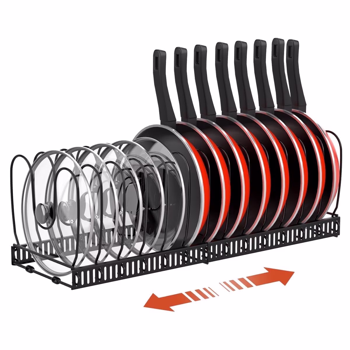 Housolution Pot and Pan Organizer, Expandable Pot Lid Organizer Rack with 14 Adjustable Dividers for Kitchen, Under Cabinet, Cutting Board, Bakeware, Black