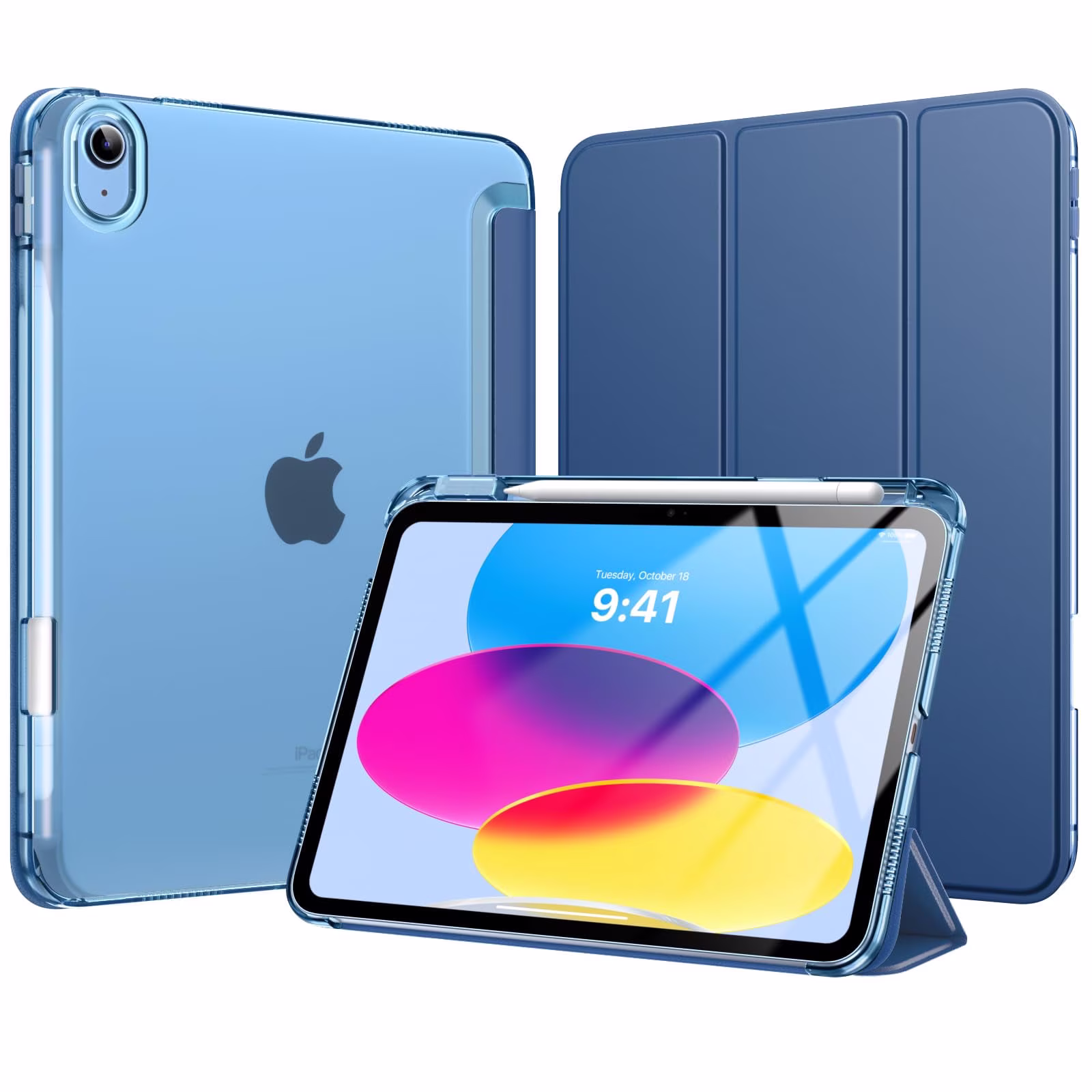 MoKo for iPad 11-inch (A16) 11th Generation Case 2025, iPad 10th Generation Case 2022 with Pencil Holder, Slim Lightweight iPad Cover with Rugged PC Translucent Back Shell, Navy Blue