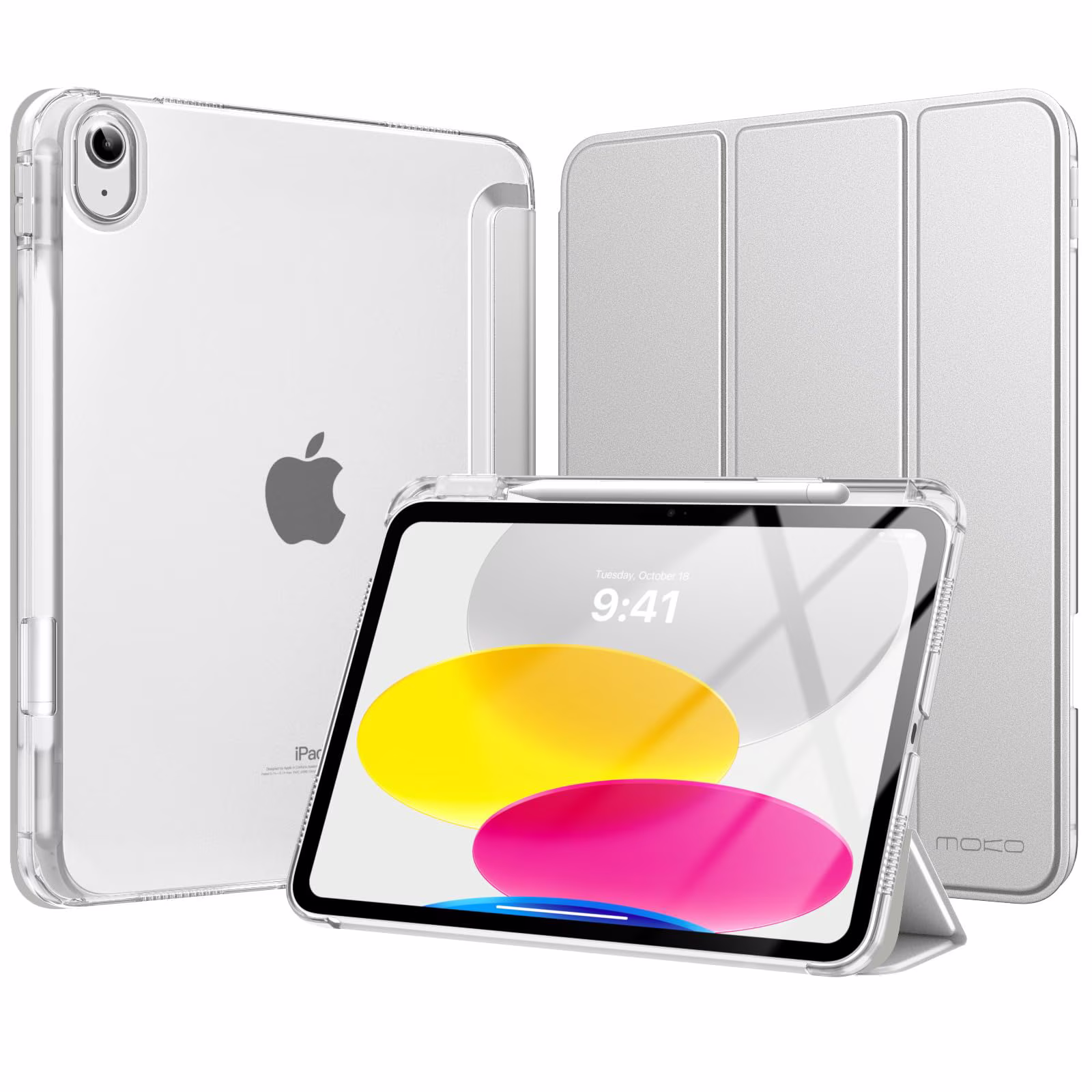 MoKo for iPad 11-inch (A16) 11th Generation Case 2025, iPad 10th Generation Case 2022 with Pencil Holder, Slim Lightweight iPad Cover with Rugged PC Translucent Back Shell, Silver