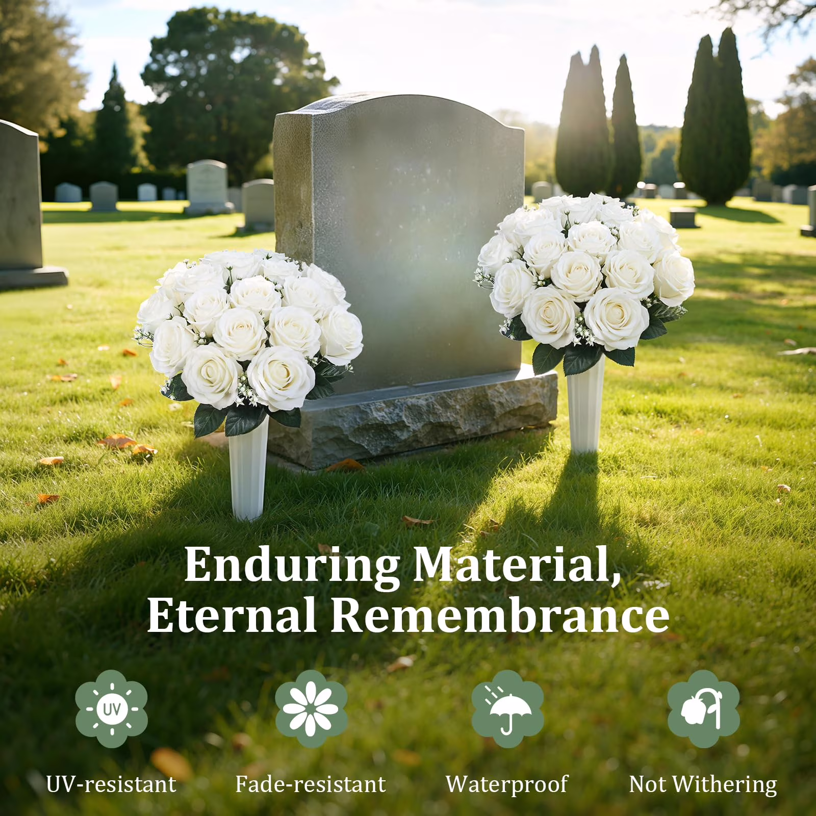 Lewondr Artificial Cemetery Flowers with Vase, 2 Sets Outdoor Grave Decorations UV Resistant Silk Roses Bouquet Graveyard Memorial Flowers for Cemetery Headstones Decoration, White