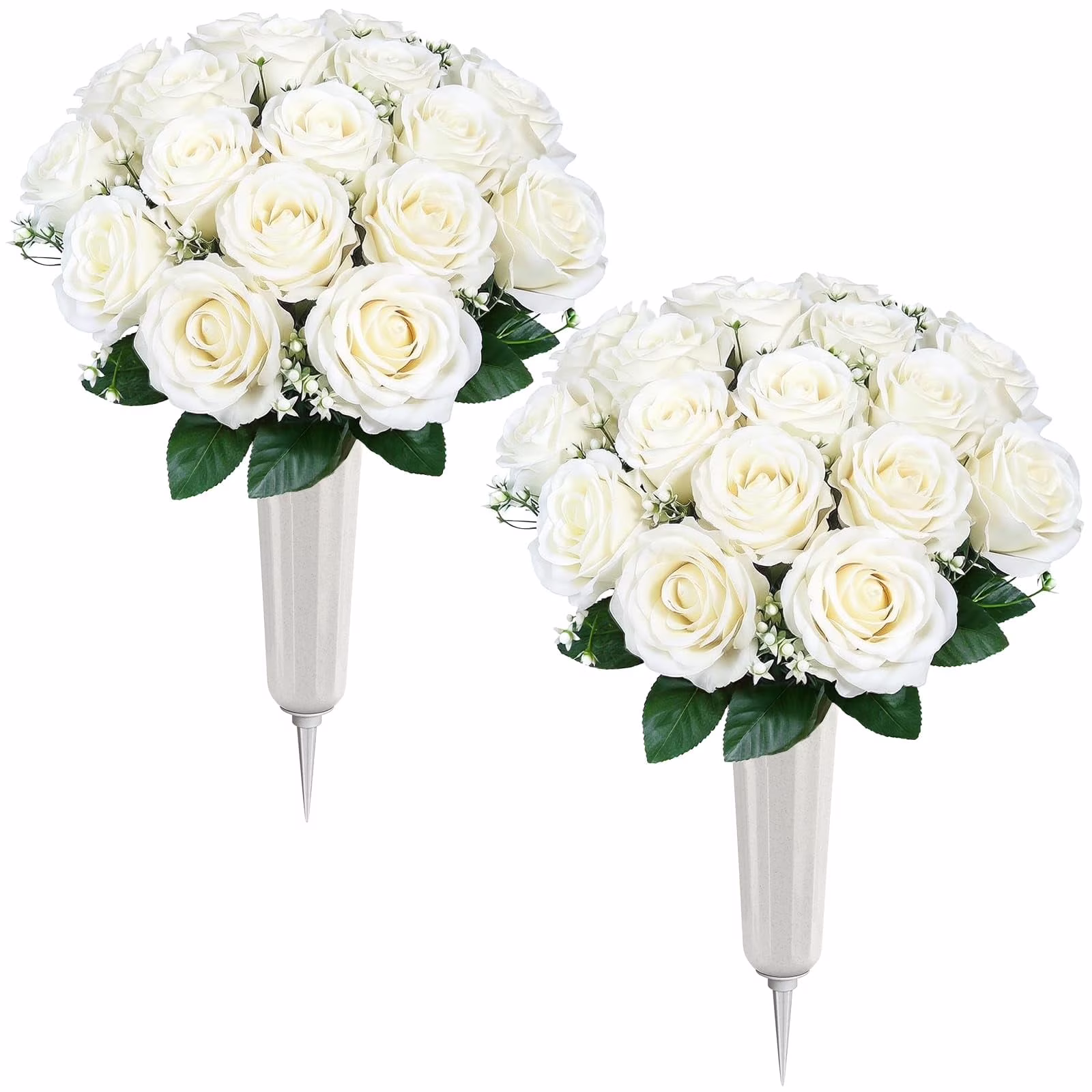 Lewondr Artificial Cemetery Flowers with Vase, 2 Sets Outdoor Grave Decorations UV Resistant Silk Roses Bouquet Graveyard Memorial Flowers for Cemetery Headstones Decoration, White