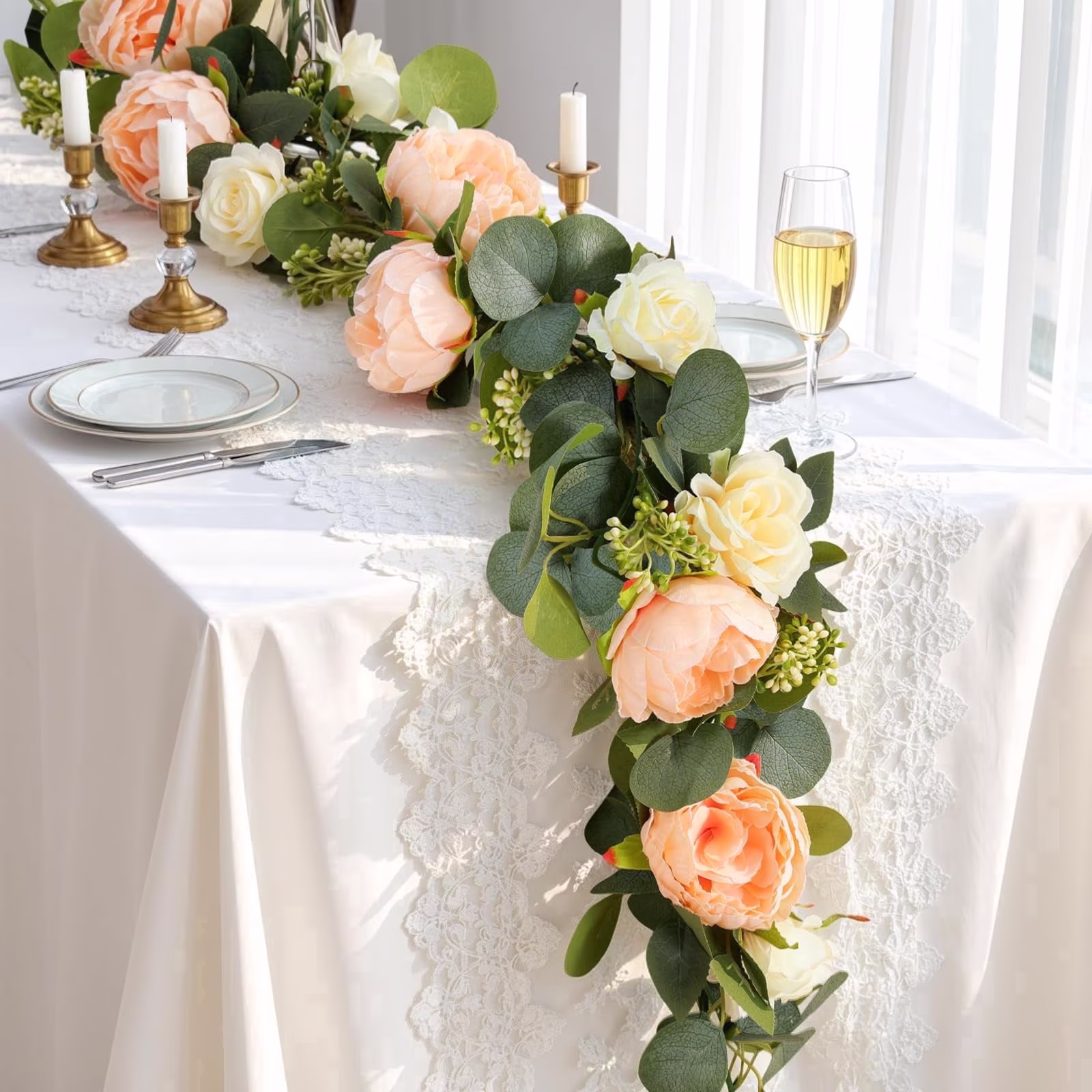 Lewondr 2Pcs Artificial Flower Garland, Eucalyptus Garlands with 8 Roses, 8 Peony for Decoration, Fake Flower Vines Floral Garland for Wedding Table Centerpieces Arch Party Backdrop Decor, Champagne