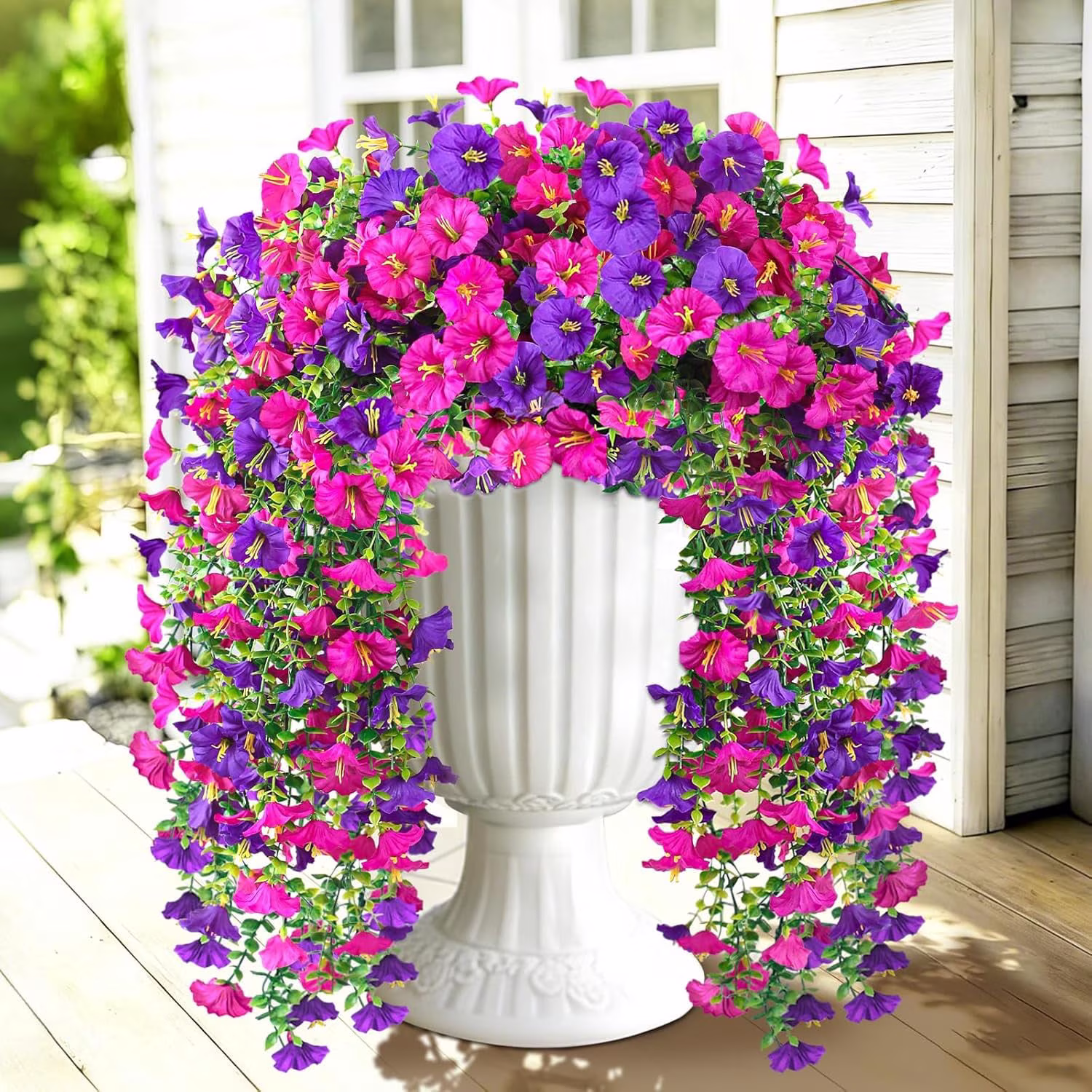Lewondr Artificial Fake Hanging Flowers for Outdoor Decoration, 2 Pcs Faux Silk Morning Glories for Outside Indoor Porch Patio Yard, UV Resistant Hanging Fake Flowers, Red Purple