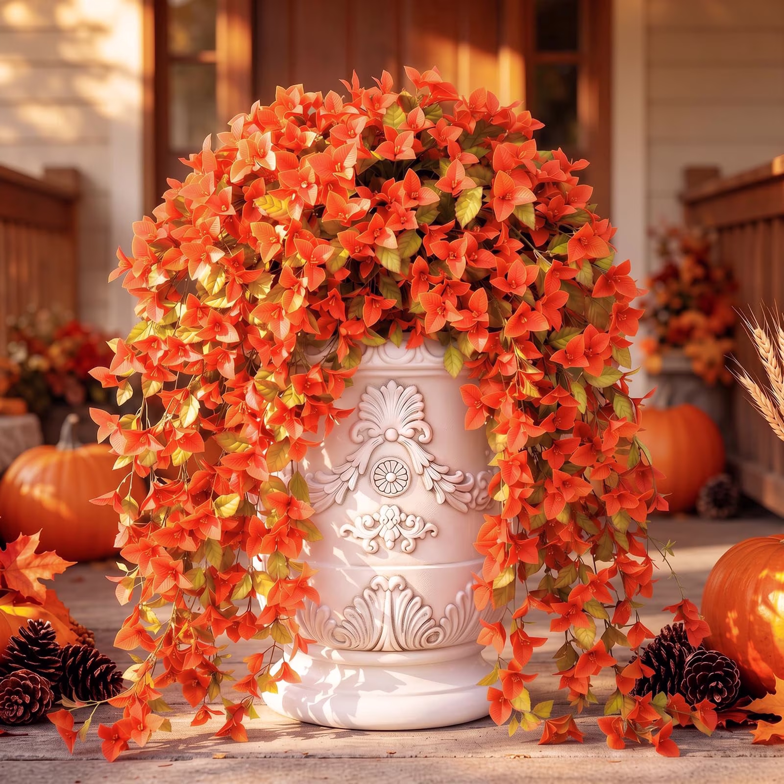 Lewondr Artificial Hanging Flowers for Outdoor, 2PCS Faux Silk Fake Flower for Autumn Decor, UV Resistant No Fade Faux Bougainvillea for Outside Indoor Home Porch Patio Yard, Orange