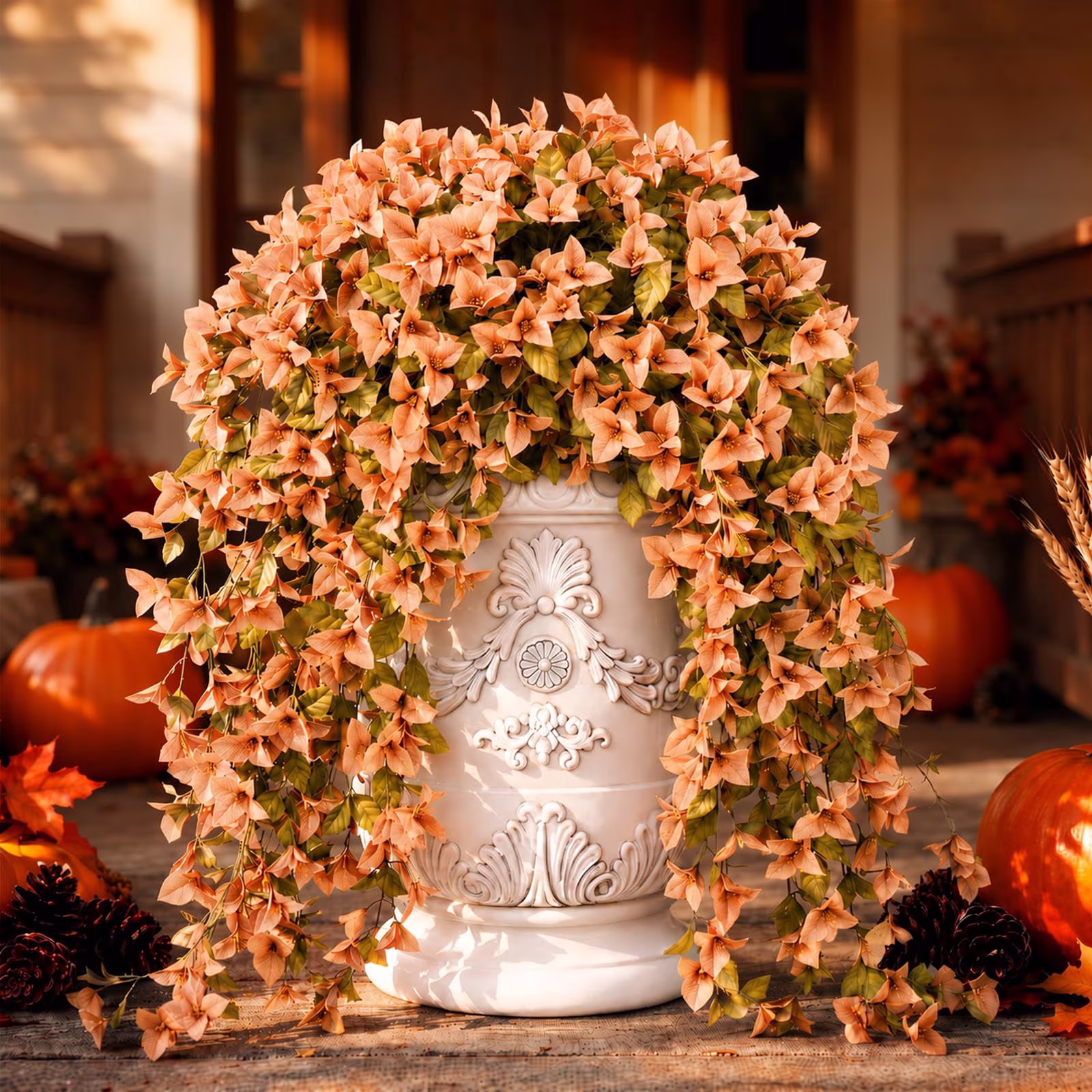Lewondr Artificial Hanging Flowers for Outdoor, 2PCS Faux Silk Fake Flower for Autumn Decor, UV Resistant No Fade Faux Bougainvillea for Outside Indoor Home Porch Patio Yard, Apricot