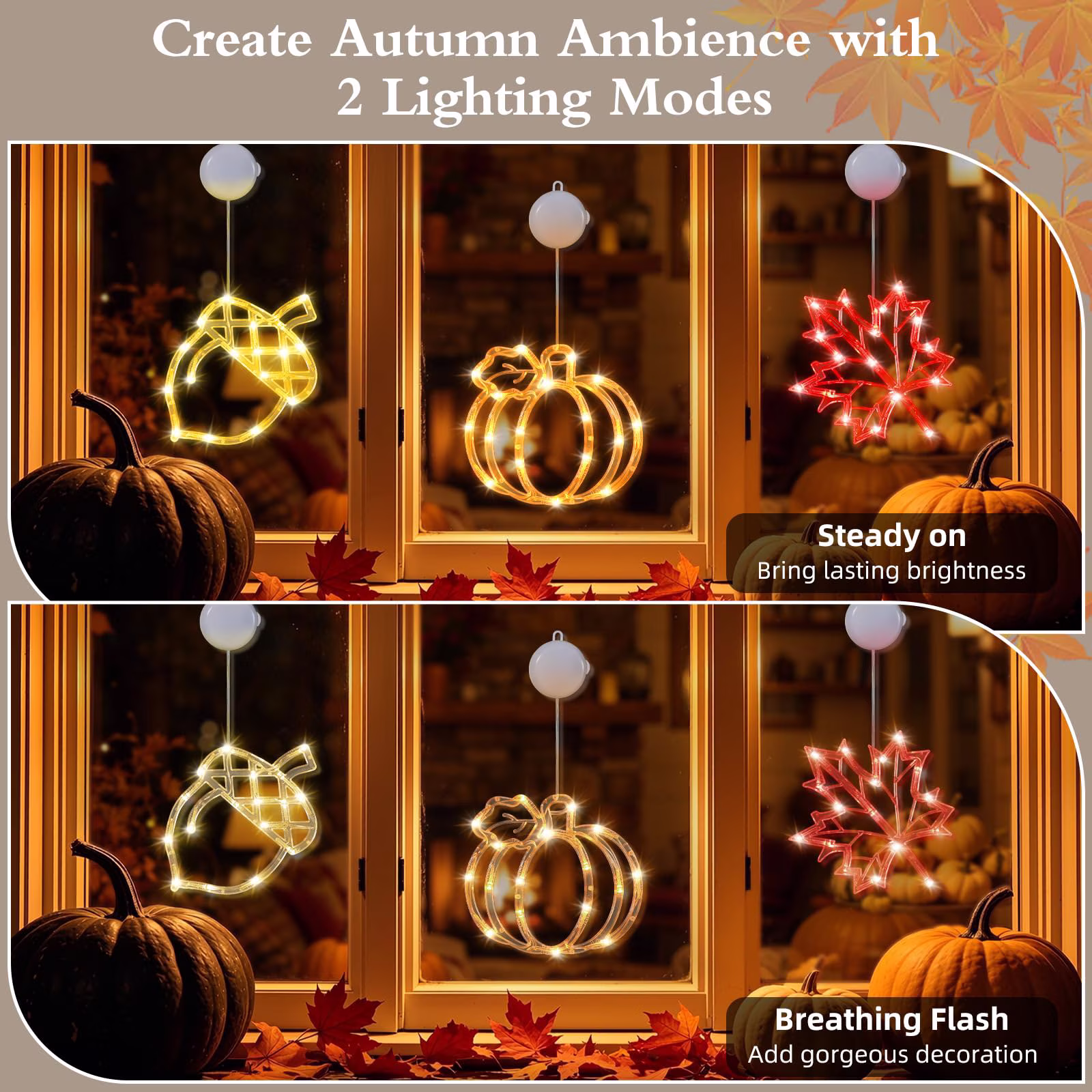 Lewondr Fall Window Decoration Lights, 3 Pcs Thanksgiving Hanging Decor LED Lights with Suction Cup & Timer for Home, Wall, Bedroom, Porch, Autumn Hanging Light Decorations