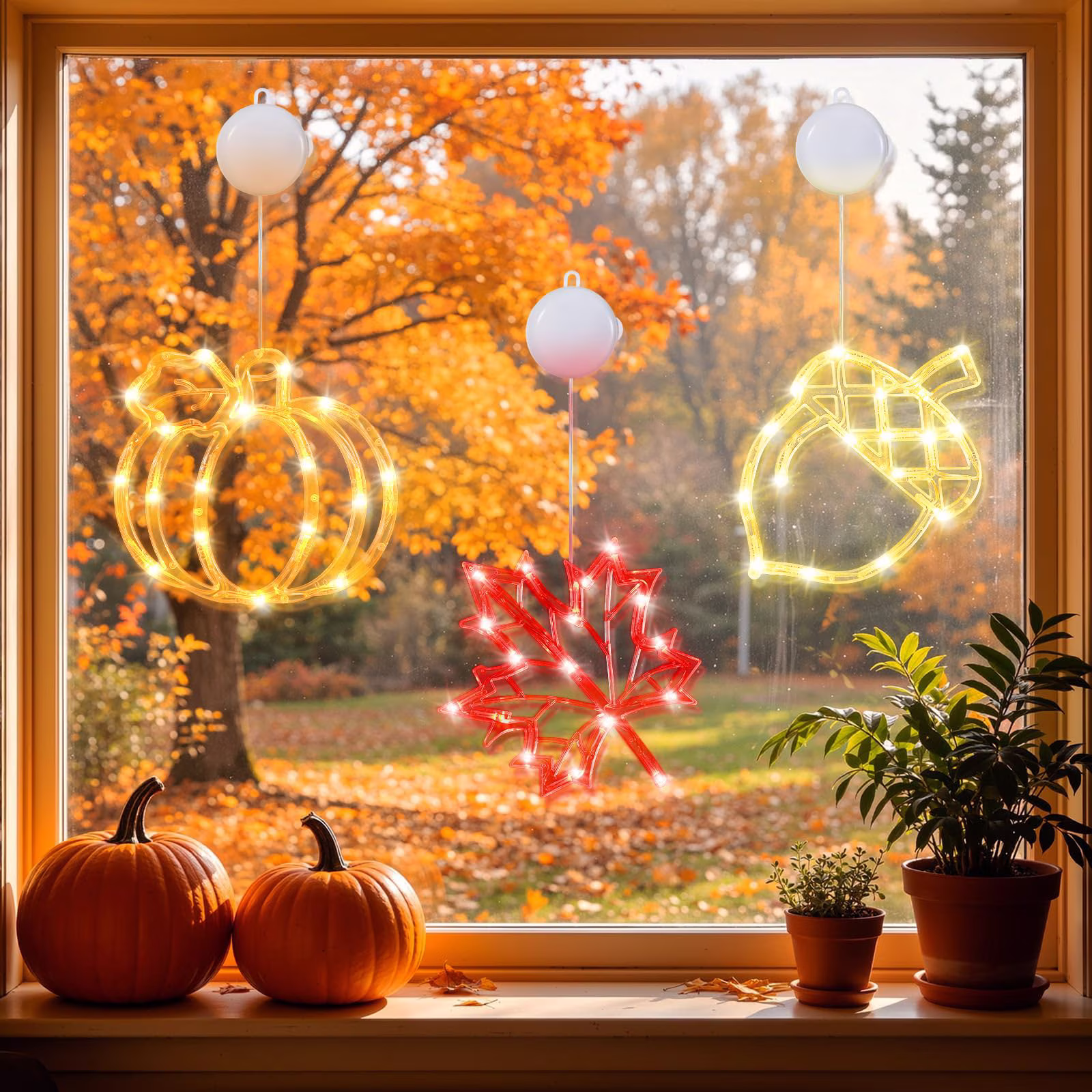 Lewondr Fall Window Decoration Lights, 3 Pcs Thanksgiving Hanging Decor LED Lights with Suction Cup & Timer for Home, Wall, Bedroom, Porch, Autumn Hanging Light Decorations