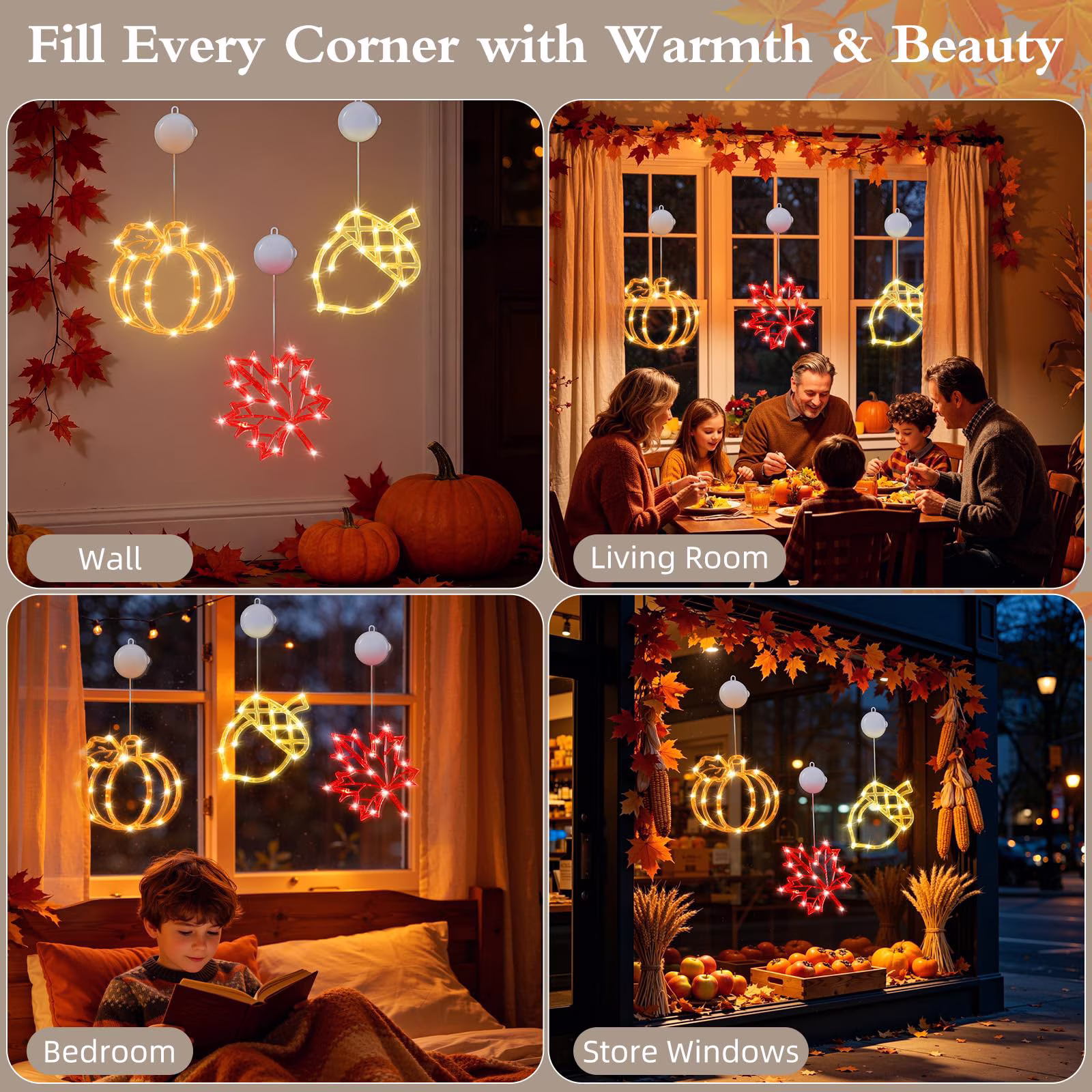 Lewondr Fall Window Decoration Lights, 3 Pcs Thanksgiving Hanging Decor LED Lights with Suction Cup & Timer for Home, Wall, Bedroom, Porch, Autumn Hanging Light Decorations