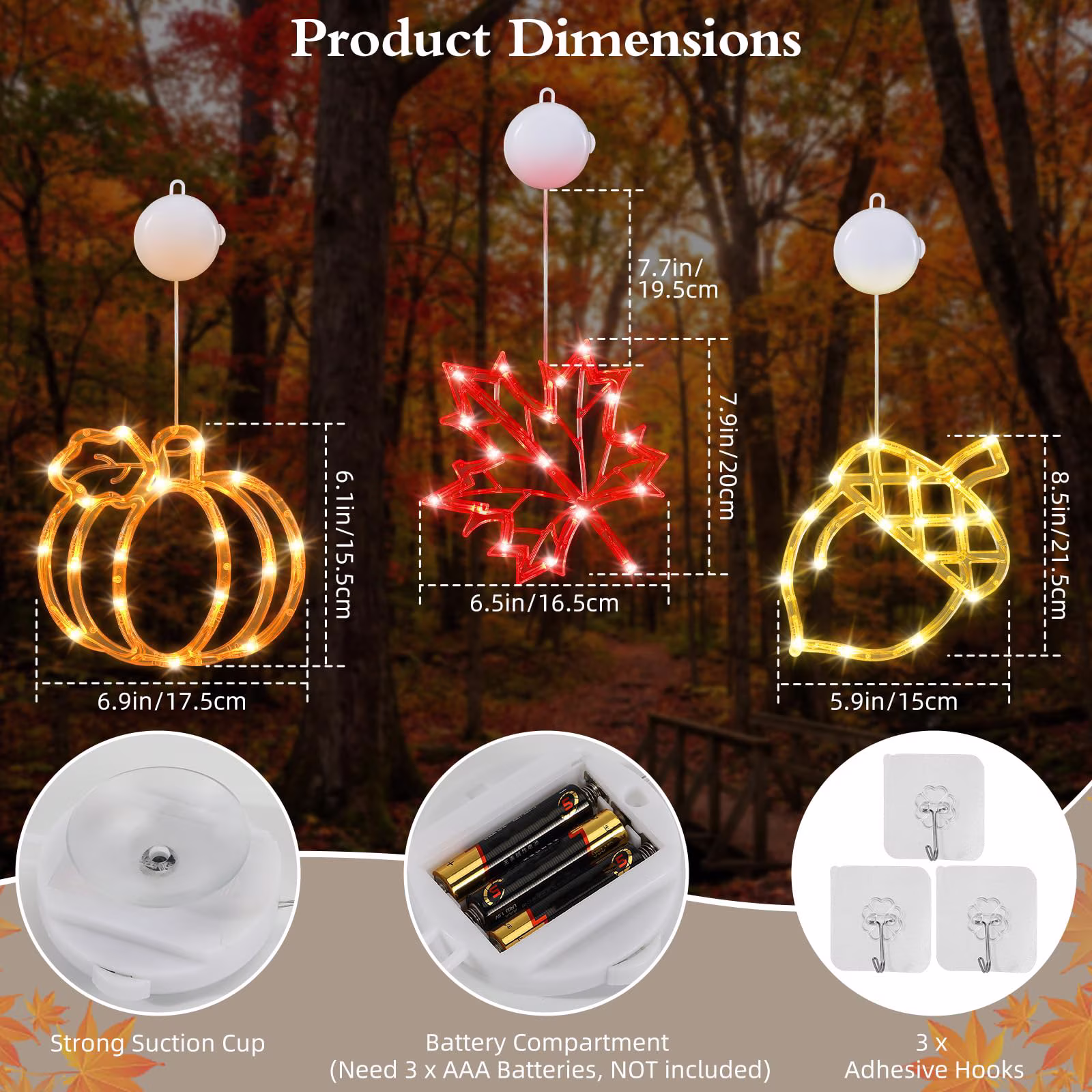 Lewondr Fall Window Decoration Lights, 3 Pcs Thanksgiving Hanging Decor LED Lights with Suction Cup & Timer for Home, Wall, Bedroom, Porch, Autumn Hanging Light Decorations