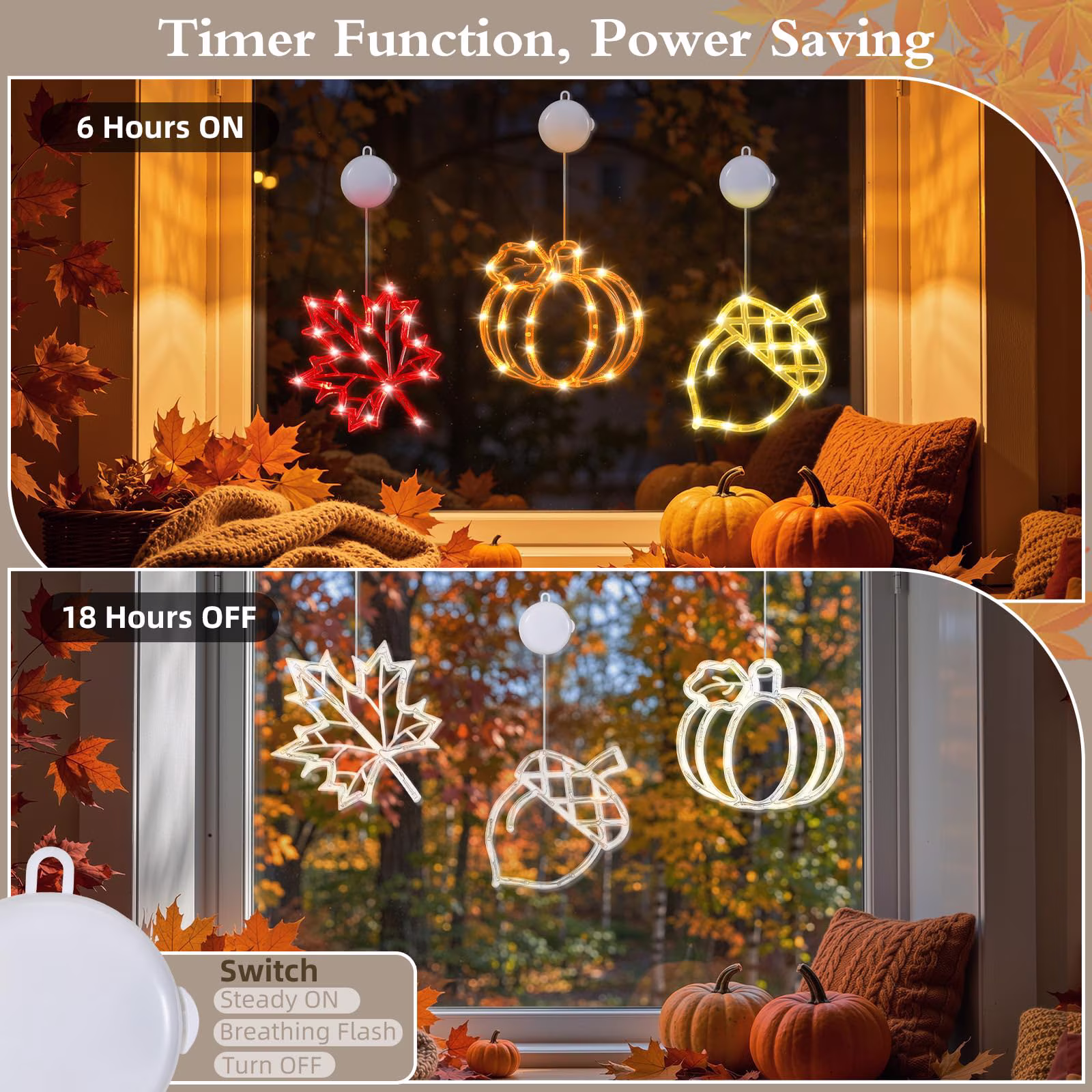 Lewondr Fall Window Decoration Lights, 3 Pcs Thanksgiving Hanging Decor LED Lights with Suction Cup & Timer for Home, Wall, Bedroom, Porch, Autumn Hanging Light Decorations