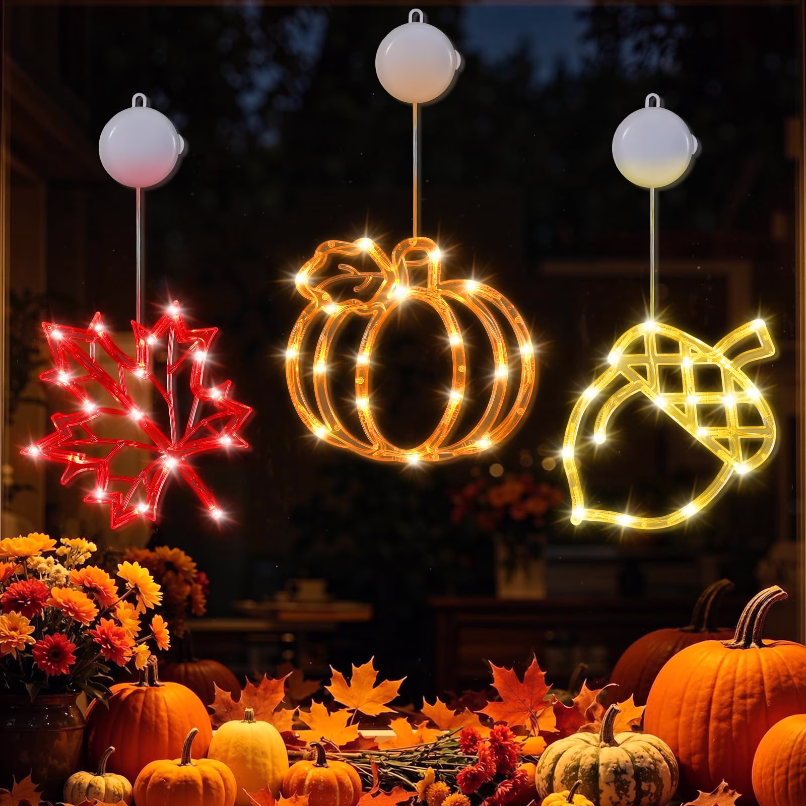 Lewondr Fall Window Decoration Lights, 3 Pcs Thanksgiving Hanging Decor LED Lights with Suction Cup & Timer for Home, Wall, Bedroom, Porch, Autumn Hanging Light Decorations