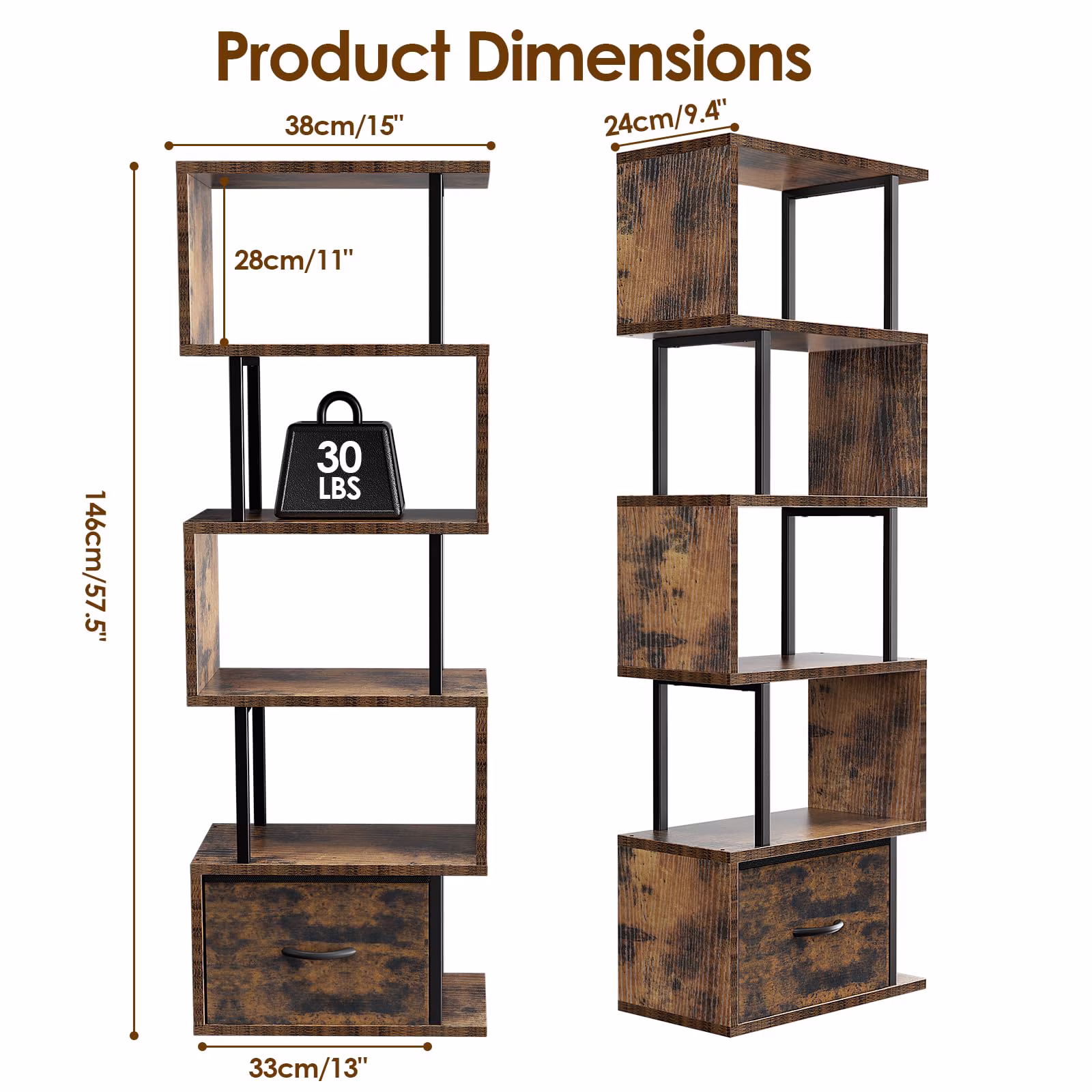 Housolution 6 Tier Geometric Bookshelf, S-Shaped Freestanding Open Display Bookcase, Corner Room Divider Storage Shelf for Living Room Bedroom Home Office, Brown
