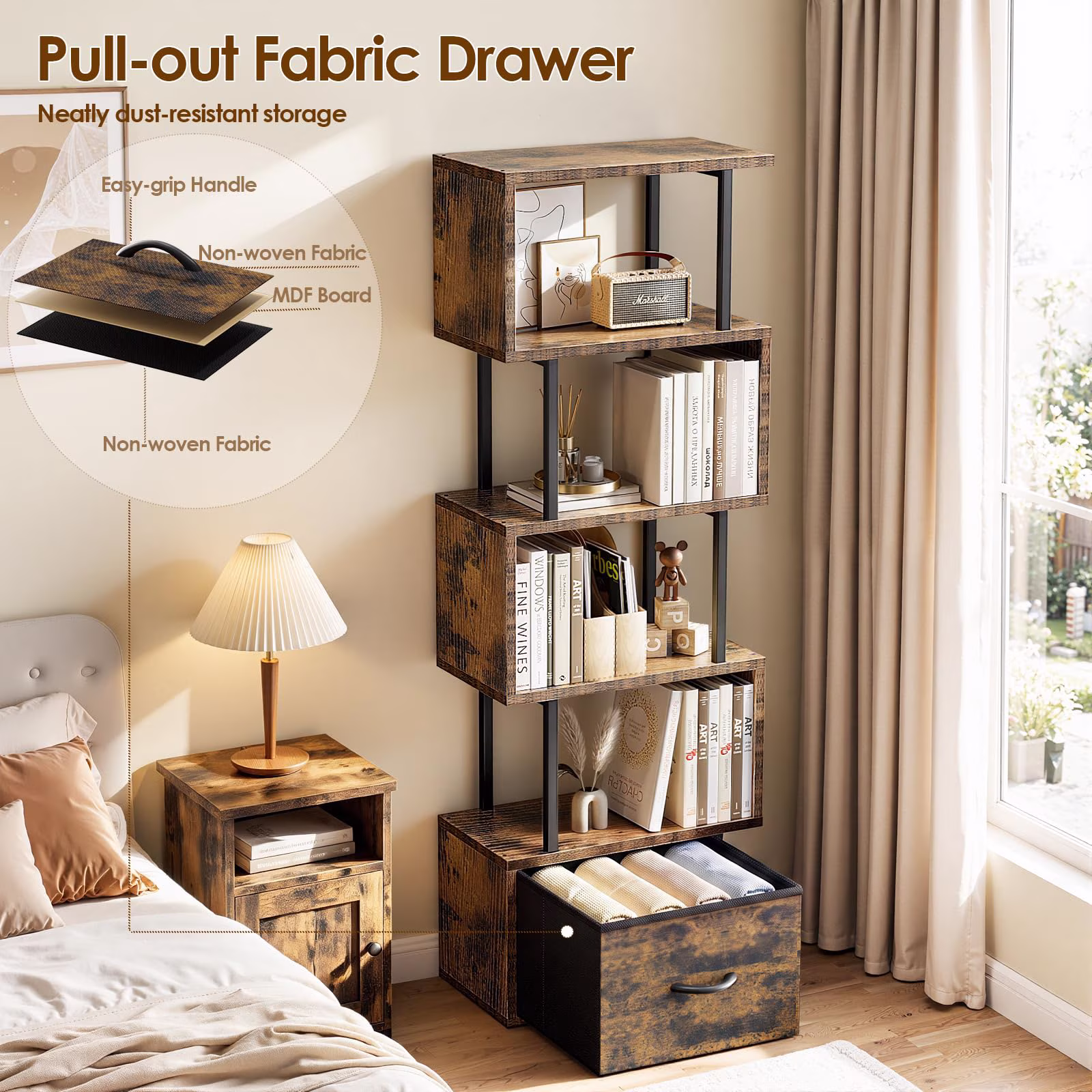Housolution 6 Tier Geometric Bookshelf, S-Shaped Freestanding Open Display Bookcase, Corner Room Divider Storage Shelf for Living Room Bedroom Home Office, Brown