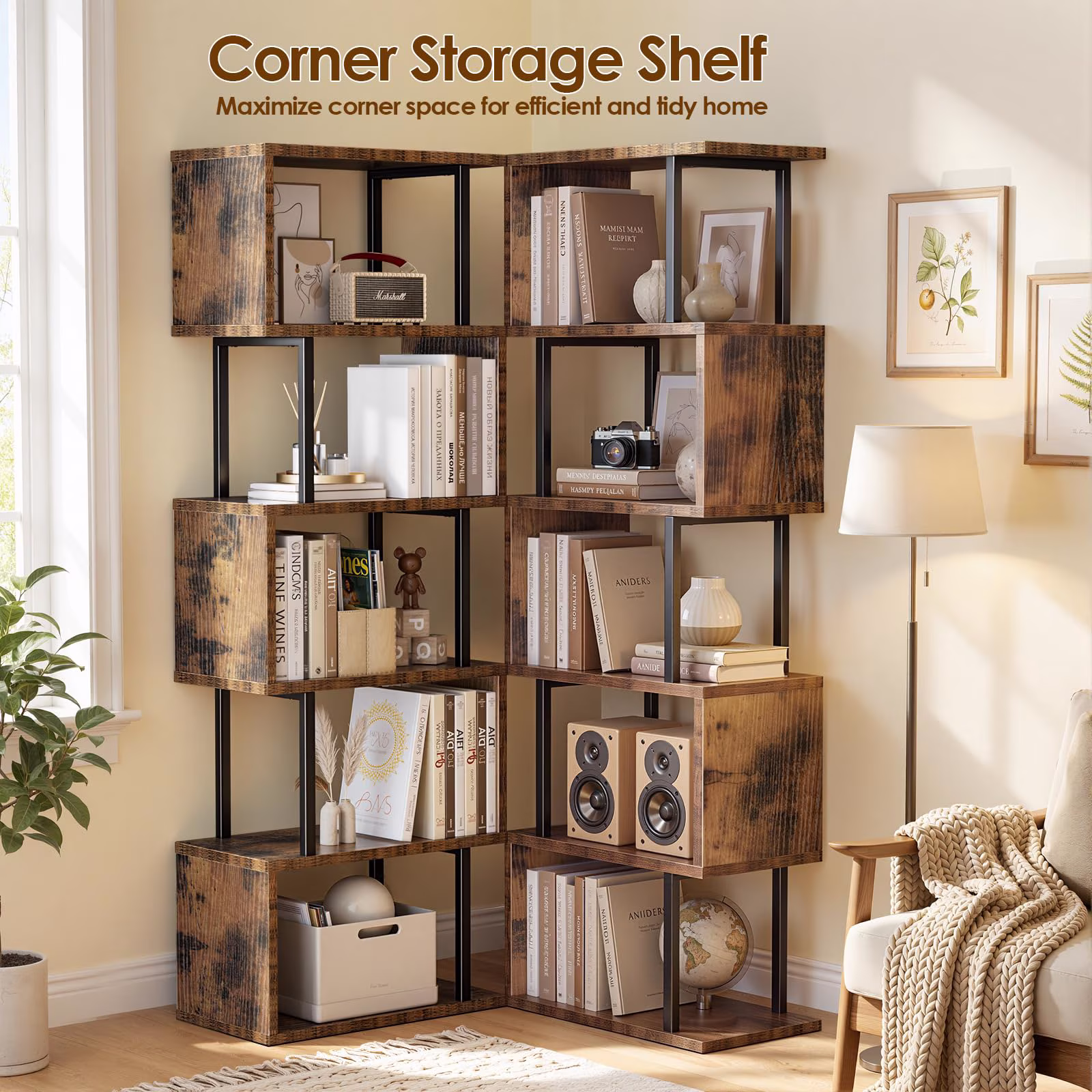 Housolution 6 Tier Geometric Bookshelf, S-Shaped Freestanding Open Display Bookcase, Corner Room Divider Storage Shelf for Living Room Bedroom Home Office, Brown