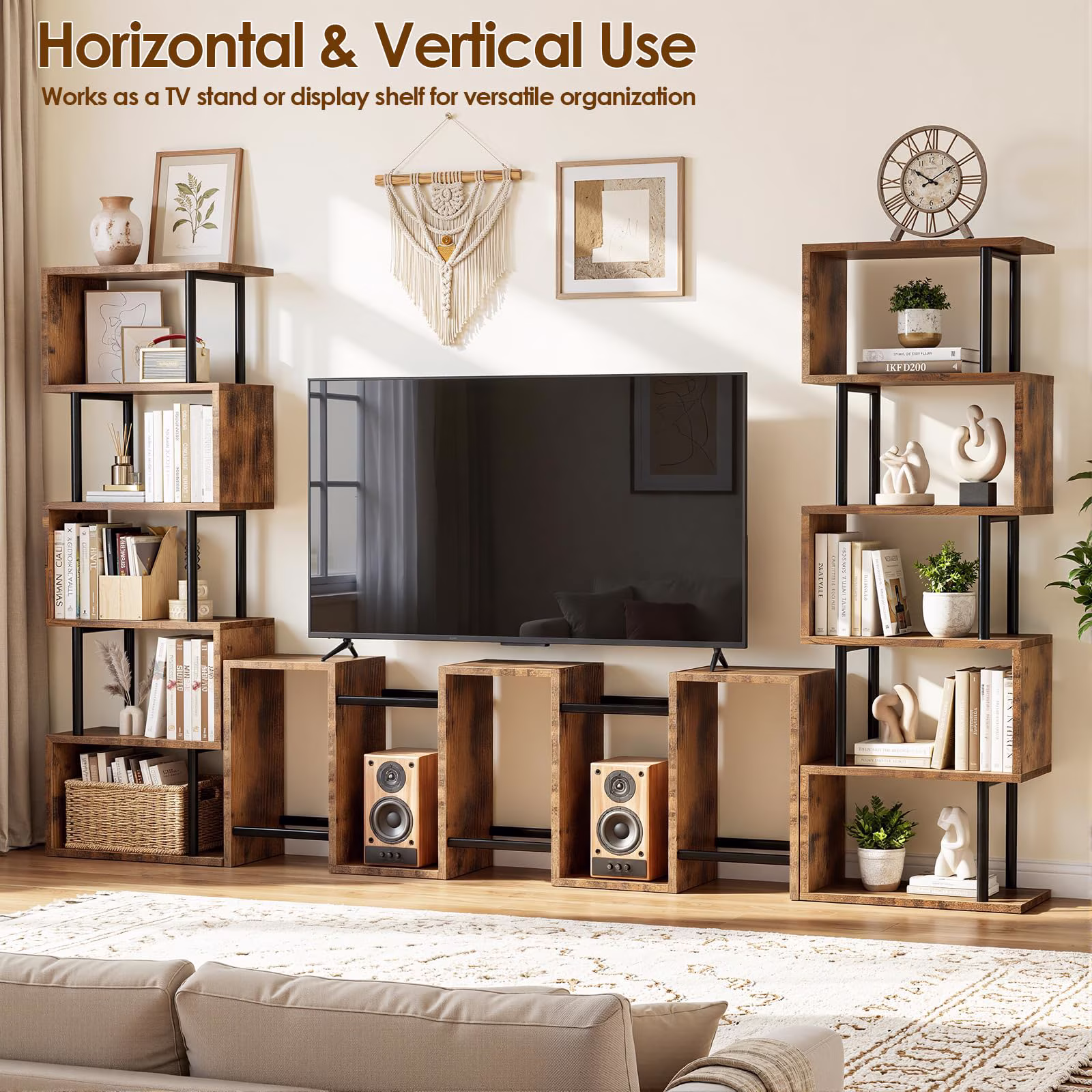 Housolution 6 Tier Geometric Bookshelf, S-Shaped Freestanding Open Display Bookcase, Corner Room Divider Storage Shelf for Living Room Bedroom Home Office, Brown