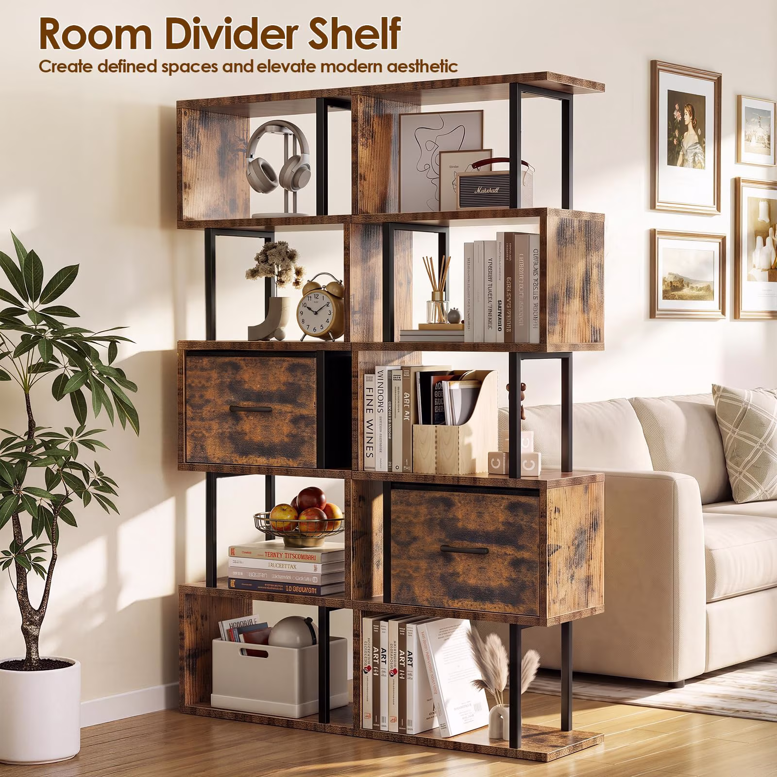 Housolution 6 Tier Geometric Bookshelf, S-Shaped Freestanding Open Display Bookcase, Corner Room Divider Storage Shelf for Living Room Bedroom Home Office, Brown