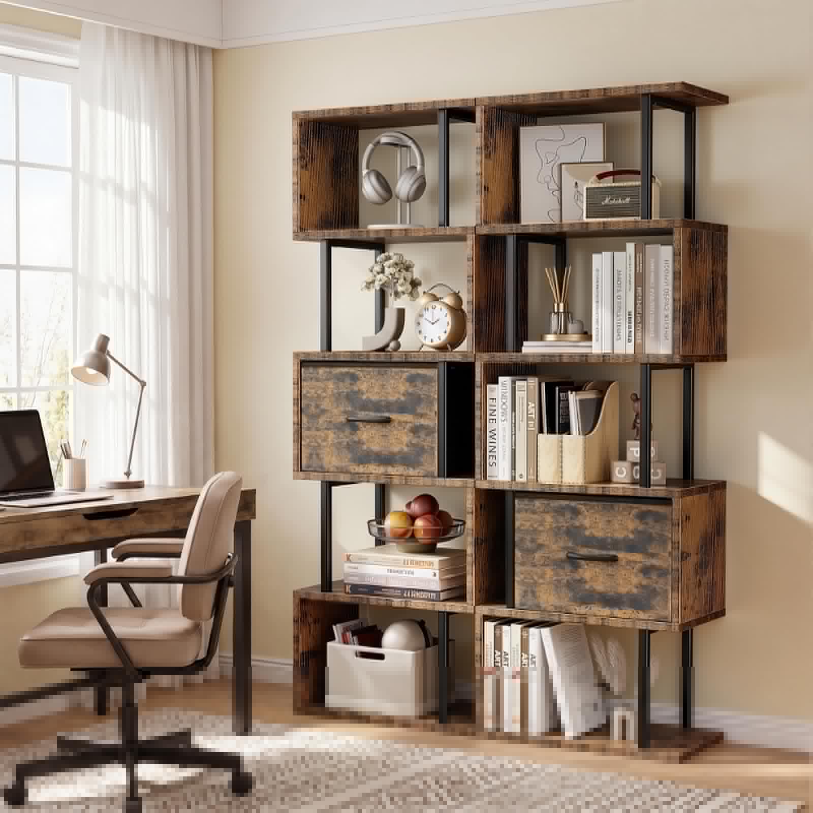 Housolution 6 Tier Geometric Bookshelf, S-Shaped Freestanding Open Display Bookcase, Corner Room Divider Storage Shelf for Living Room Bedroom Home Office, Brown