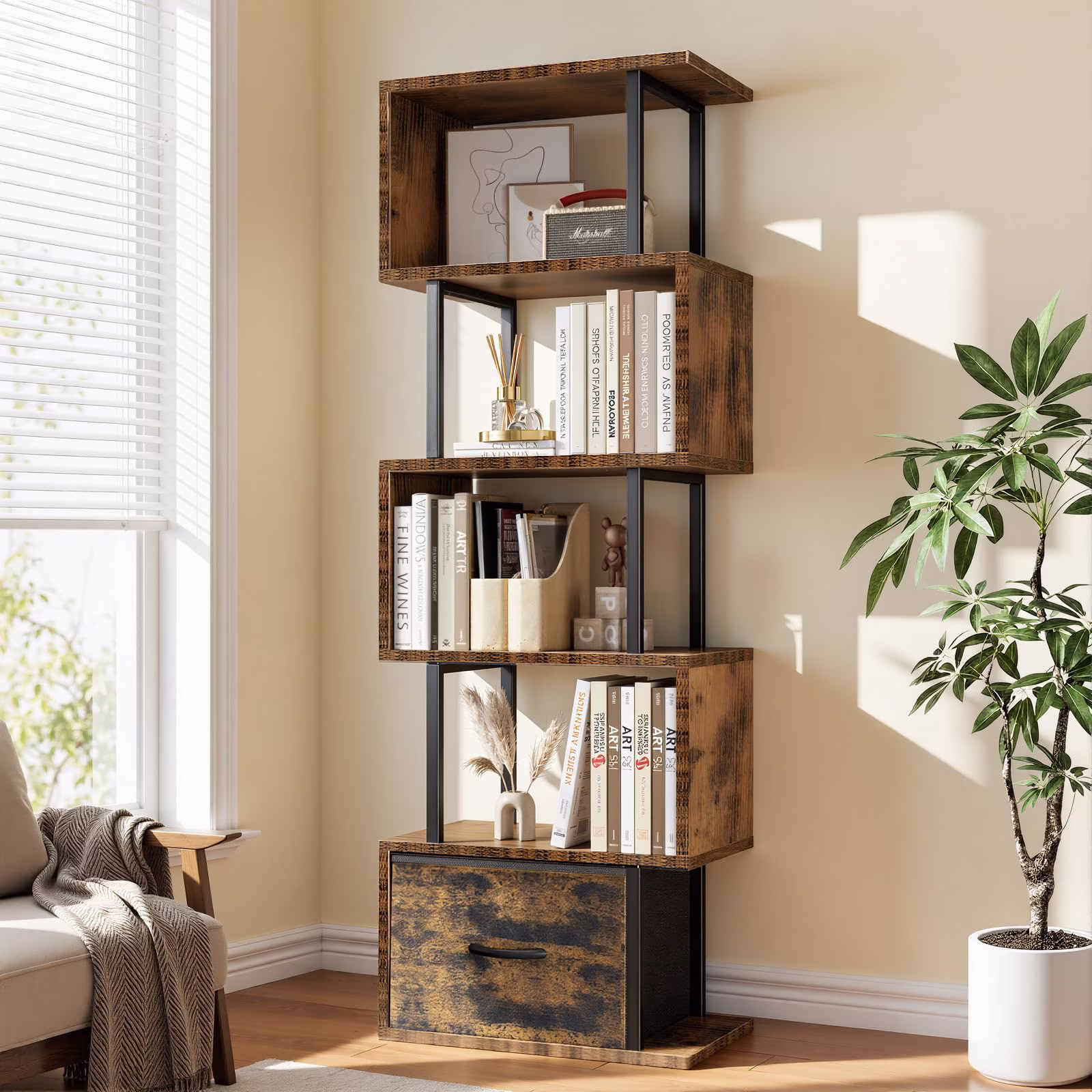 Housolution 6 Tier Geometric Bookshelf, S-Shaped Freestanding Open Display Bookcase, Corner Room Divider Storage Shelf for Living Room Bedroom Home Office, Brown