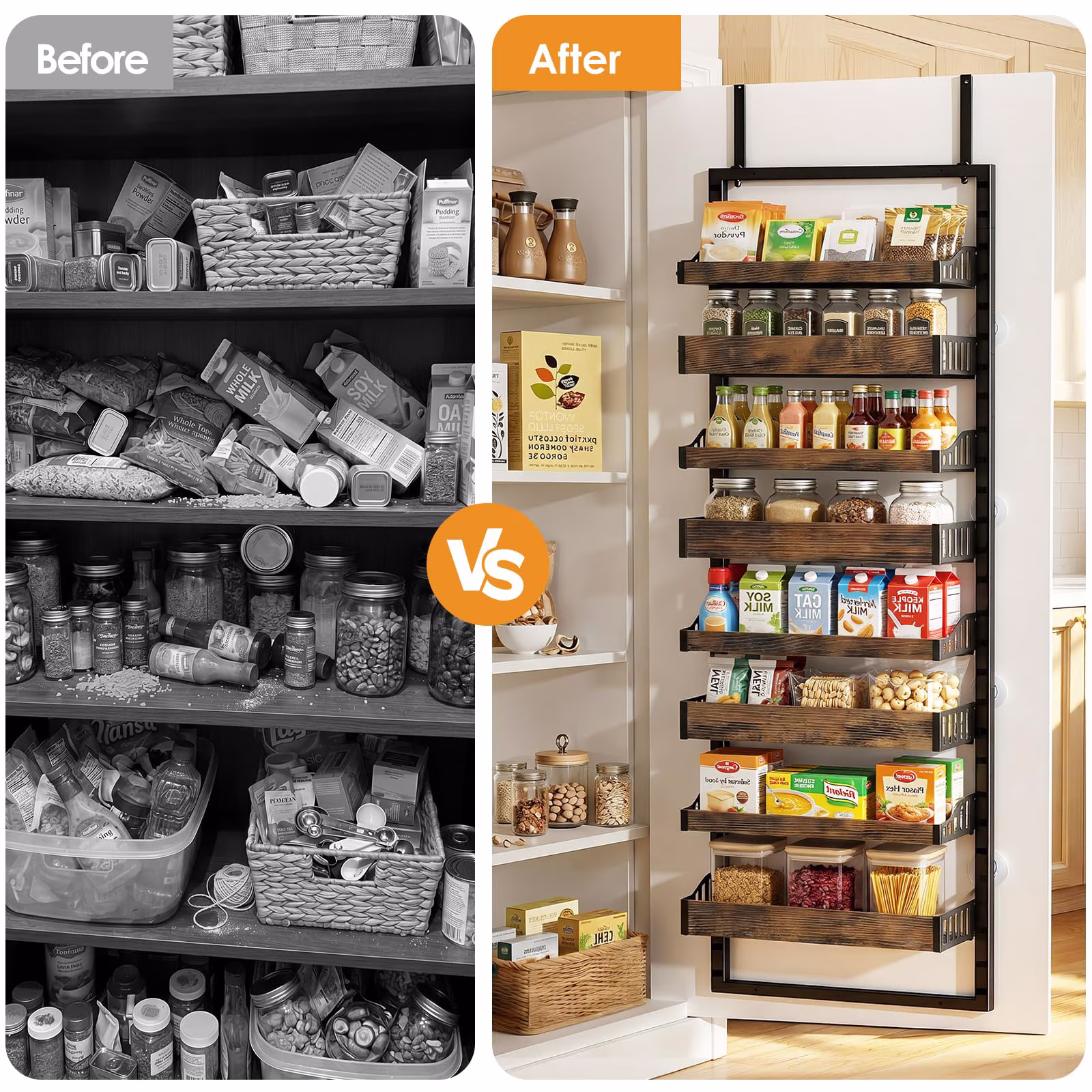 Kssiaz 8 Tier Over the Door Pantry Organizer, 2 IN 1 Heavy-Duty Wall Mount & Hanging Spice Rack Seasoning Shelves with Adjustable Basket, Back of Door Organizer for Kitchen Cabinet Storage, Black