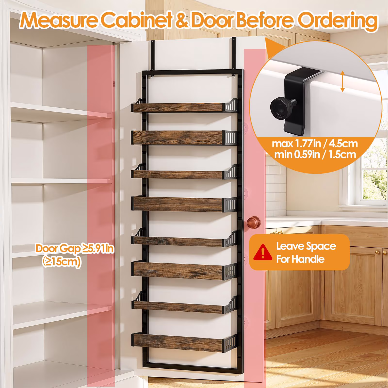 Kssiaz 8 Tier Over the Door Pantry Organizer, 2 IN 1 Heavy-Duty Wall Mount & Hanging Spice Rack Seasoning Shelves with Adjustable Basket, Back of Door Organizer for Kitchen Cabinet Storage, Black