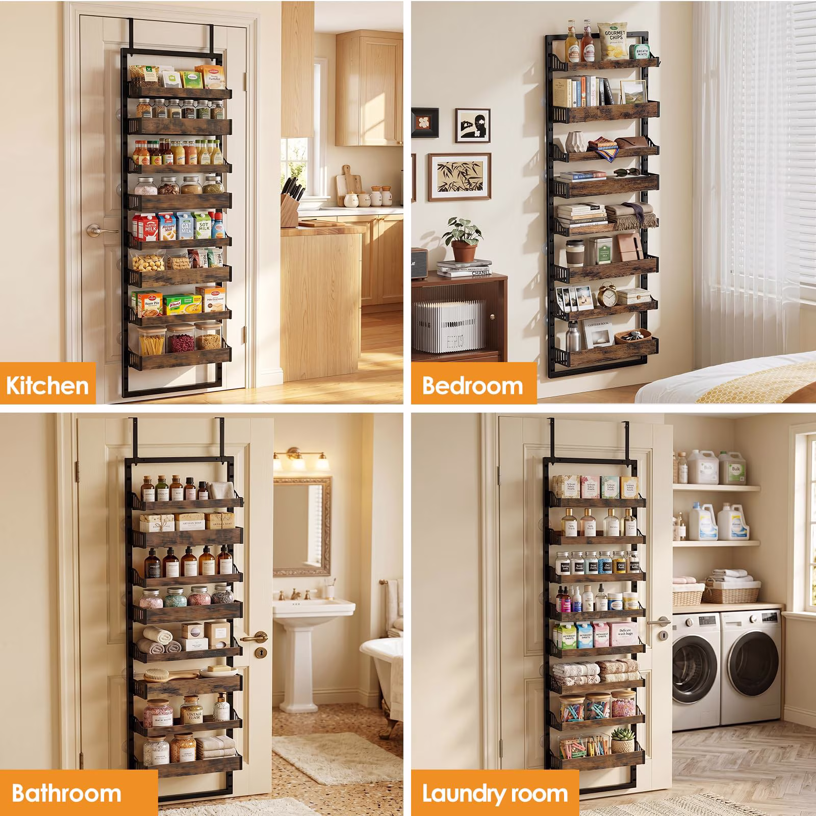 Kssiaz 8 Tier Over the Door Pantry Organizer, 2 IN 1 Heavy-Duty Wall Mount & Hanging Spice Rack Seasoning Shelves with Adjustable Basket, Back of Door Organizer for Kitchen Cabinet Storage, Black