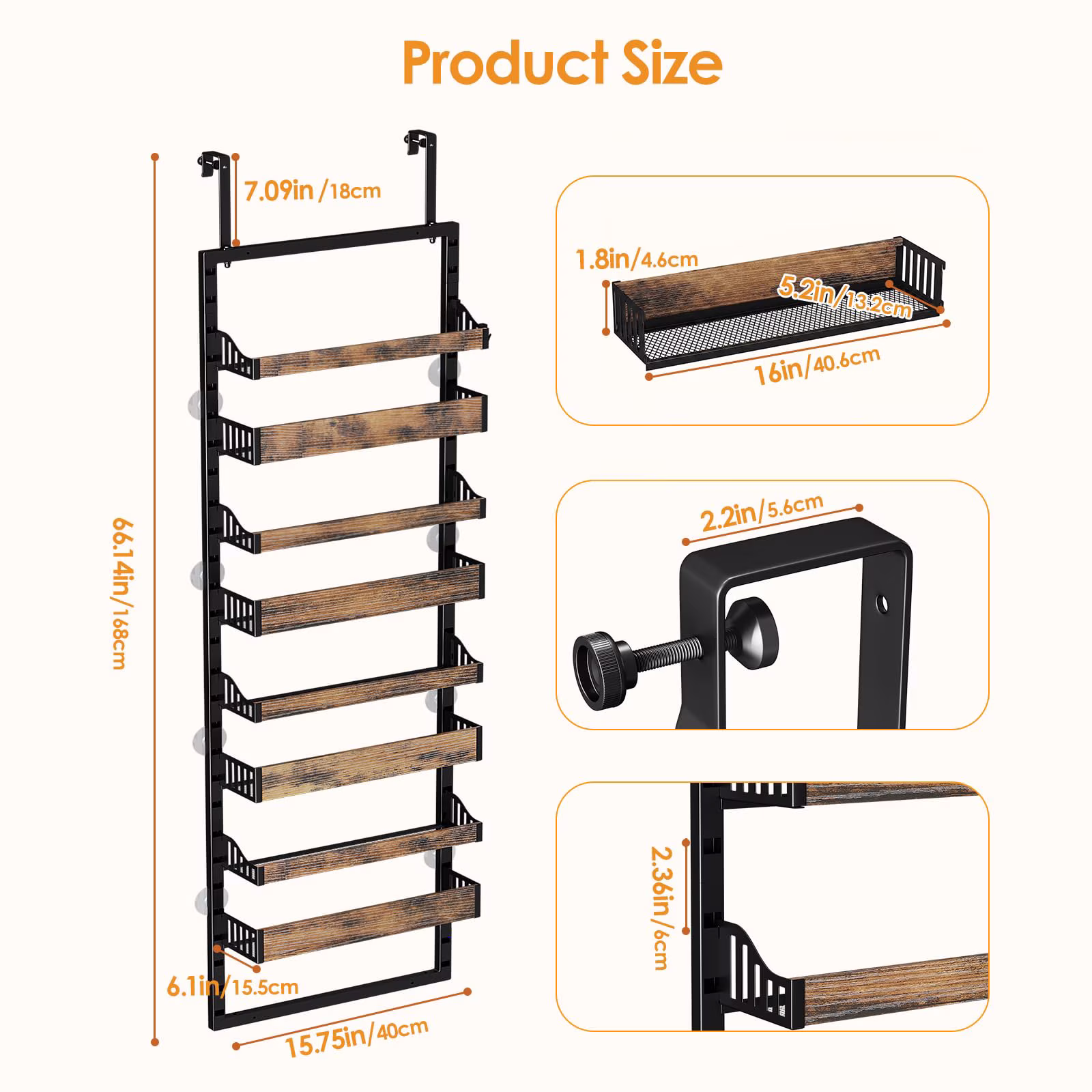 Kssiaz 8 Tier Over the Door Pantry Organizer, 2 IN 1 Heavy-Duty Wall Mount & Hanging Spice Rack Seasoning Shelves with Adjustable Basket, Back of Door Organizer for Kitchen Cabinet Storage, Black