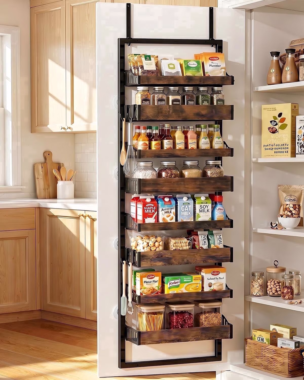 Kssiaz 8 Tier Over the Door Pantry Organizer, 2 IN 1 Heavy-Duty Wall Mount & Hanging Spice Rack Seasoning Shelves with Adjustable Basket, Back of Door Organizer for Kitchen Cabinet Storage, Black