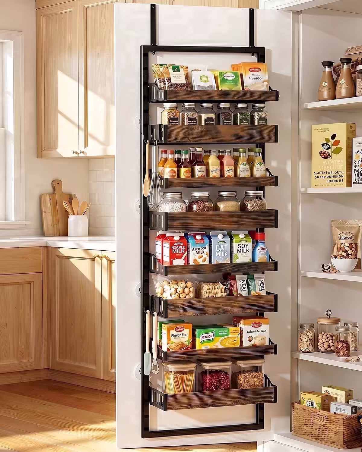 Kssiaz 8 Tier Over the Door Pantry Organizer, 2 IN 1 Heavy-Duty Wall Mount & Hanging Spice Rack Seasoning Shelves with Adjustable Basket, Back of Door Organizer for Kitchen Cabinet Storage, Black