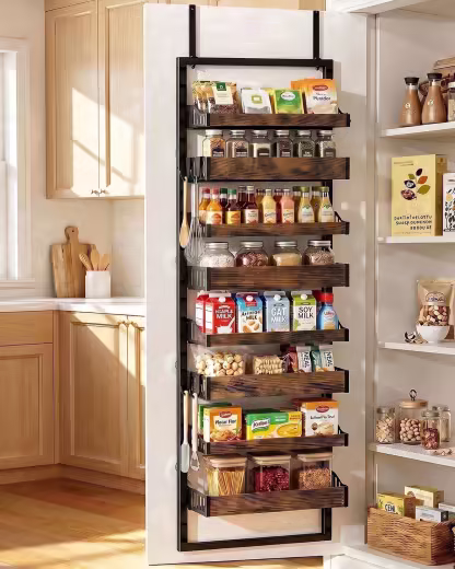 Kssiaz 8 Tier Over the Door Pantry Organizer, 2 IN 1 Heavy-Duty Wall Mount & Hanging Spice Rack Seasoning Shelves with Adjustable Basket, Back of Door Organizer for Kitchen Cabinet Storage, Black
