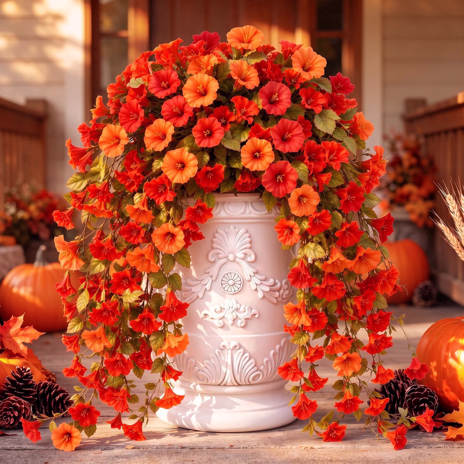 Lewondr Artificial Fake Hanging Flowers for Outdoor Decoration, 2PCS Faux Silk Morning Glories for Outside Indoor Home Porch Patio Yard Autumn Decor, UV Resistant Hanging Fake Flowers, Orange Red