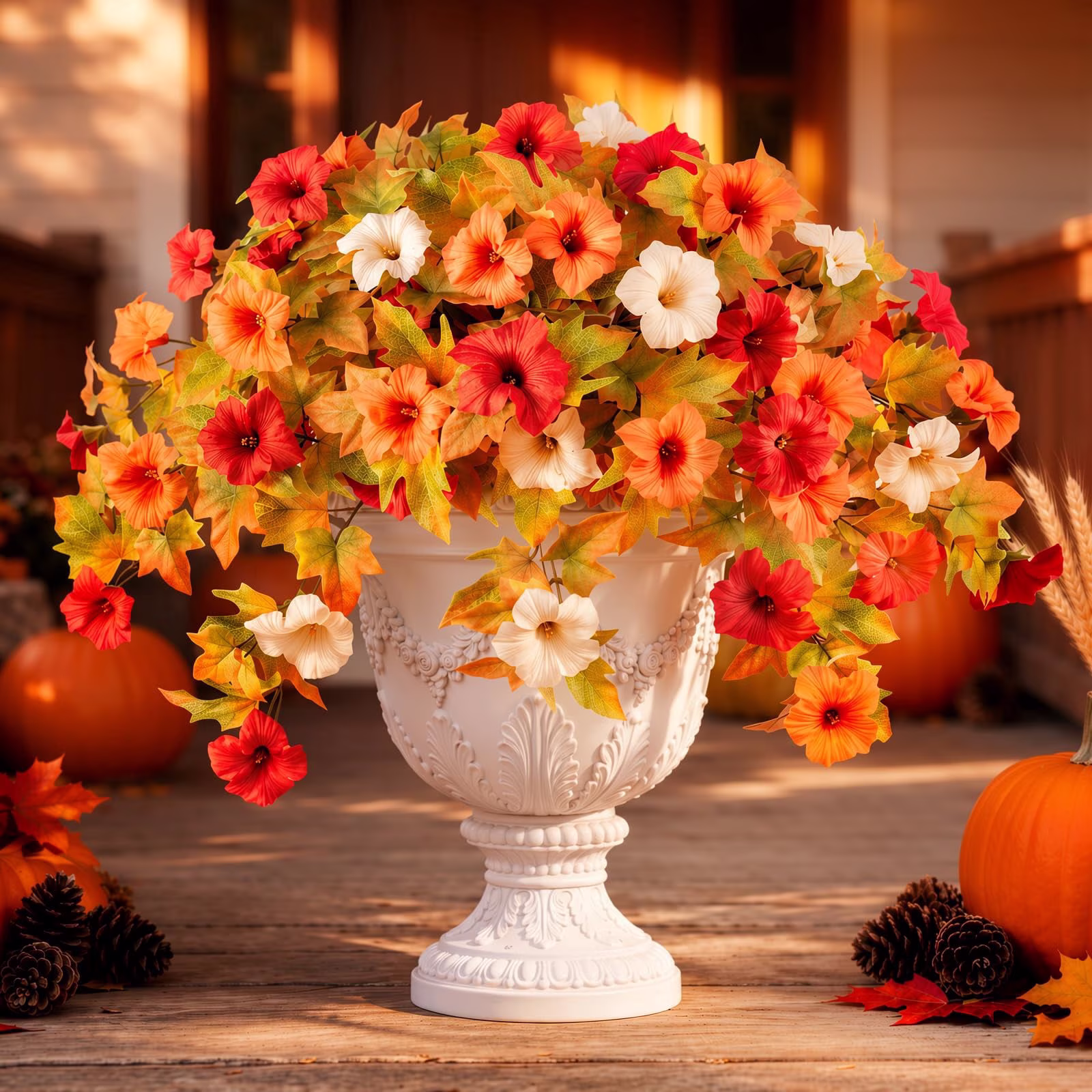 Lewondr Artificial Fake Hanging Flowers for Outdoor Decoration, 2PCS Faux Silk Morning Glories for Outside Indoor Home Porch Patio Yard Autumn Decor, UV Resistant Hanging Fake Flowers, Orange White
