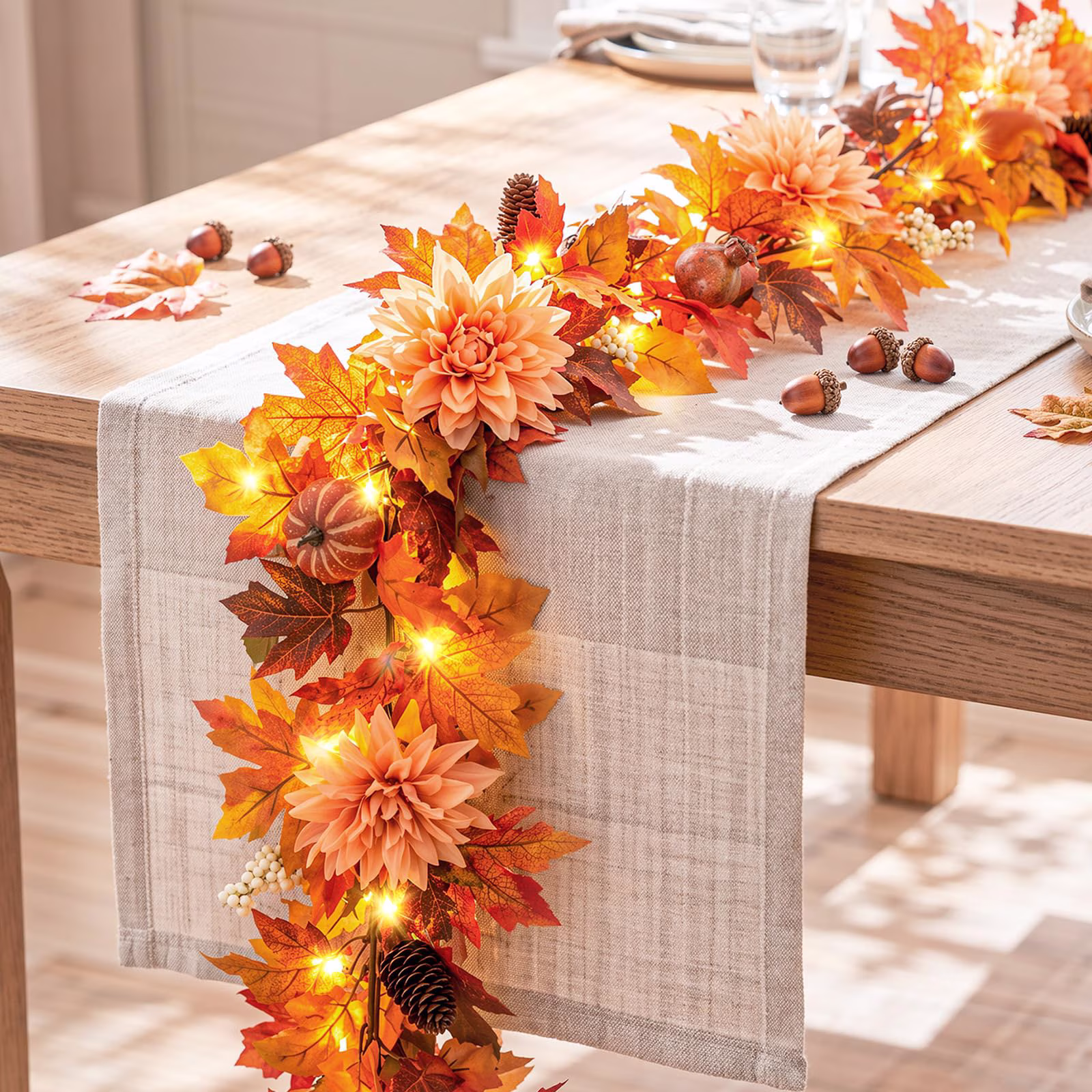 Lewondr Fall Garland with Lights, 6 Ft Maple Leaves Garlands with White Berry for Mantle, Artificial Autumn Decorations for Thanksgiving Home Party Fireplace Outdoor Indoor Table Decor
