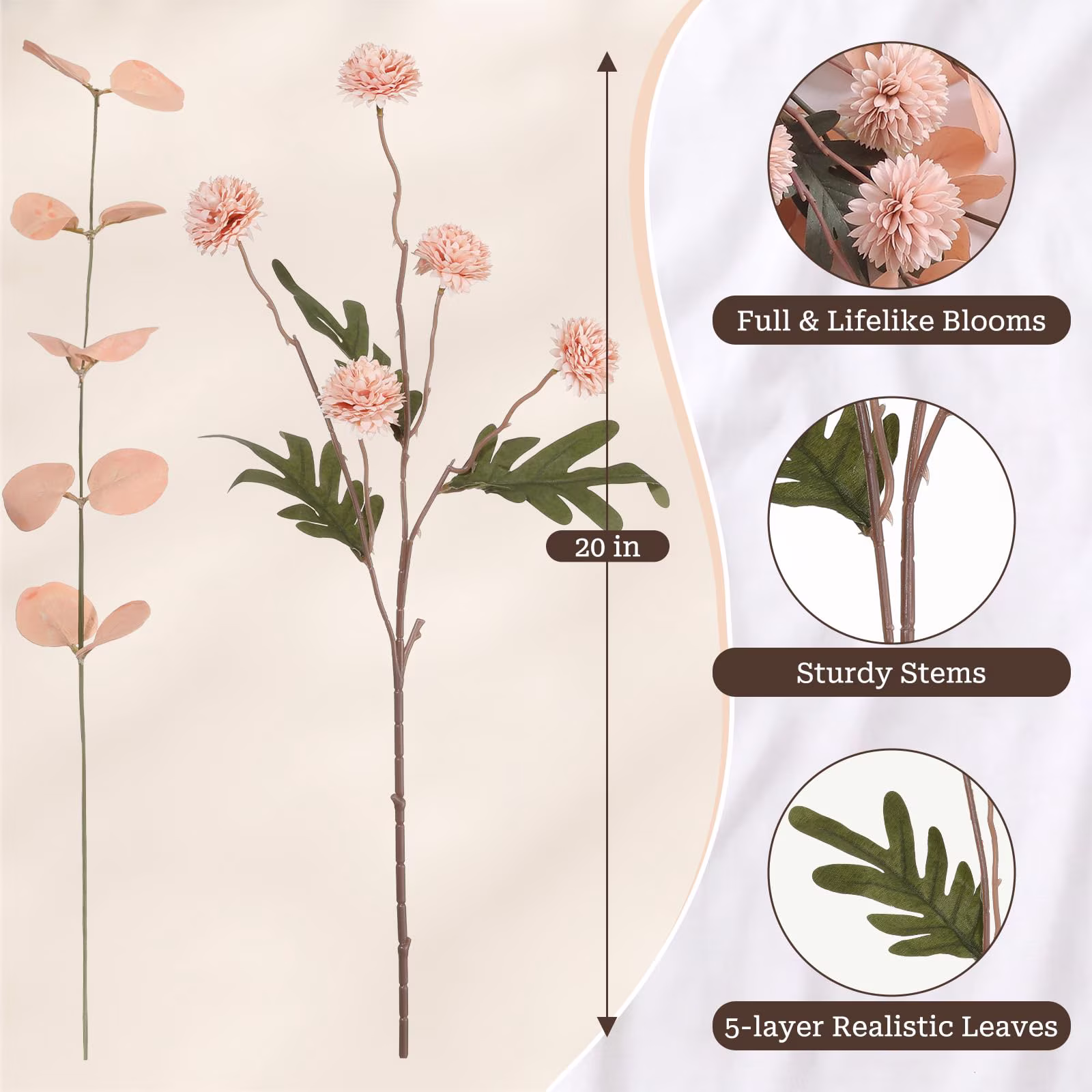 Lewondr Artificial Fall Fake Flowers Silk Pompon Mums, 8Pcs Faux Chrysanthemum with 8 Stem Eucalyptus, Autumn Floral Centerpieces for Home Table DIY Bouquet Wedding Decorations, Pink