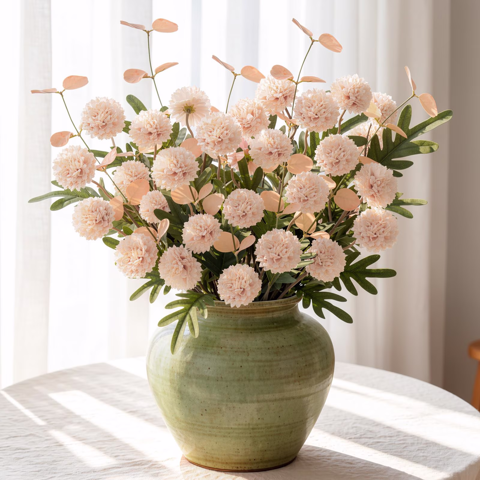 Lewondr Artificial Fall Fake Flowers Silk Pompon Mums, 8Pcs Faux Chrysanthemum with 8 Stem Eucalyptus, Autumn Floral Centerpieces for Home Table DIY Bouquet Wedding Decorations, Pink