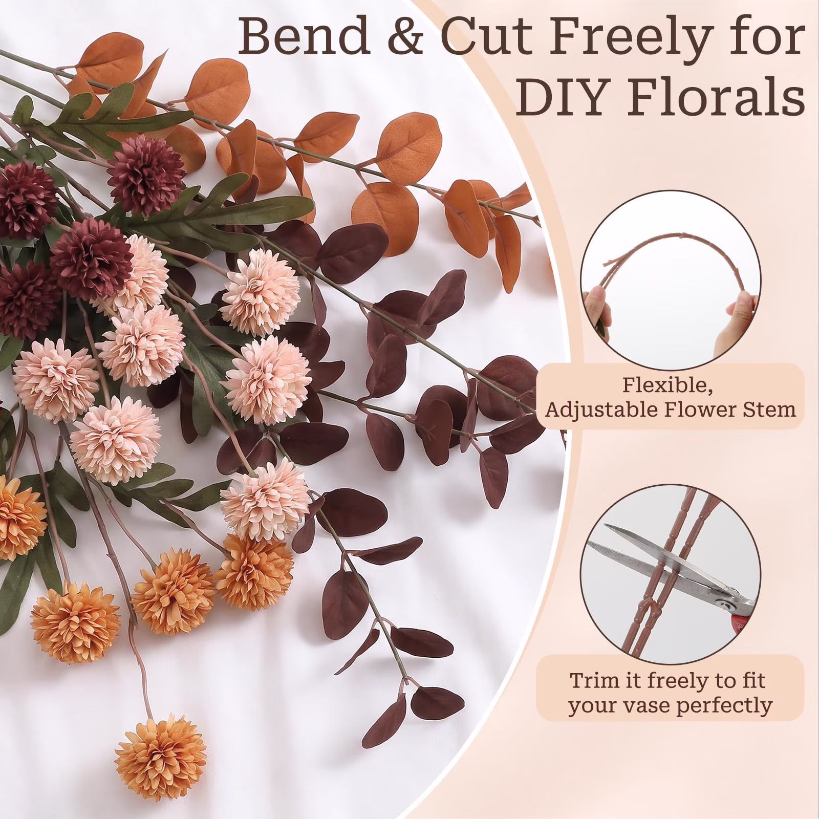 Lewondr Artificial Fall Fake Flowers Silk Pompon Mums, 9Pcs Faux Chrysanthemum with 8 Stem Eucalyptus, Autumn Floral Centerpieces for Home Table DIY Bouquet Wedding Decorations, Dark Red