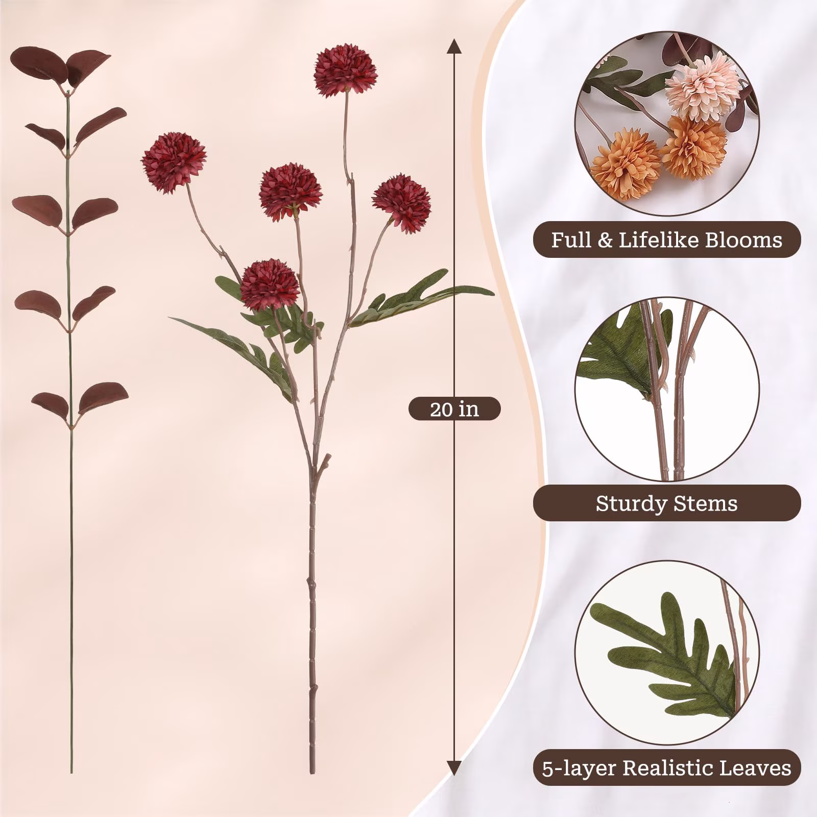 Lewondr Artificial Fall Fake Flowers Silk Pompon Mums, 9Pcs Faux Chrysanthemum with 8 Stem Eucalyptus, Autumn Floral Centerpieces for Home Table DIY Bouquet Wedding Decorations, Dark Red
