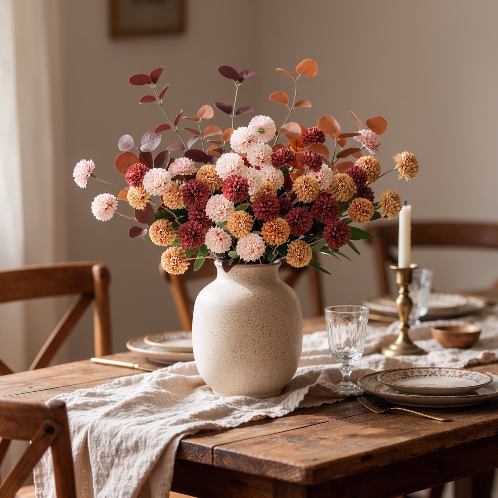 Lewondr Artificial Fall Fake Flowers Silk Pompon Mums, 9Pcs Faux Chrysanthemum with 8 Stem Eucalyptus, Autumn Floral Centerpieces for Home Table DIY Bouquet Wedding Decorations, Dark Red
