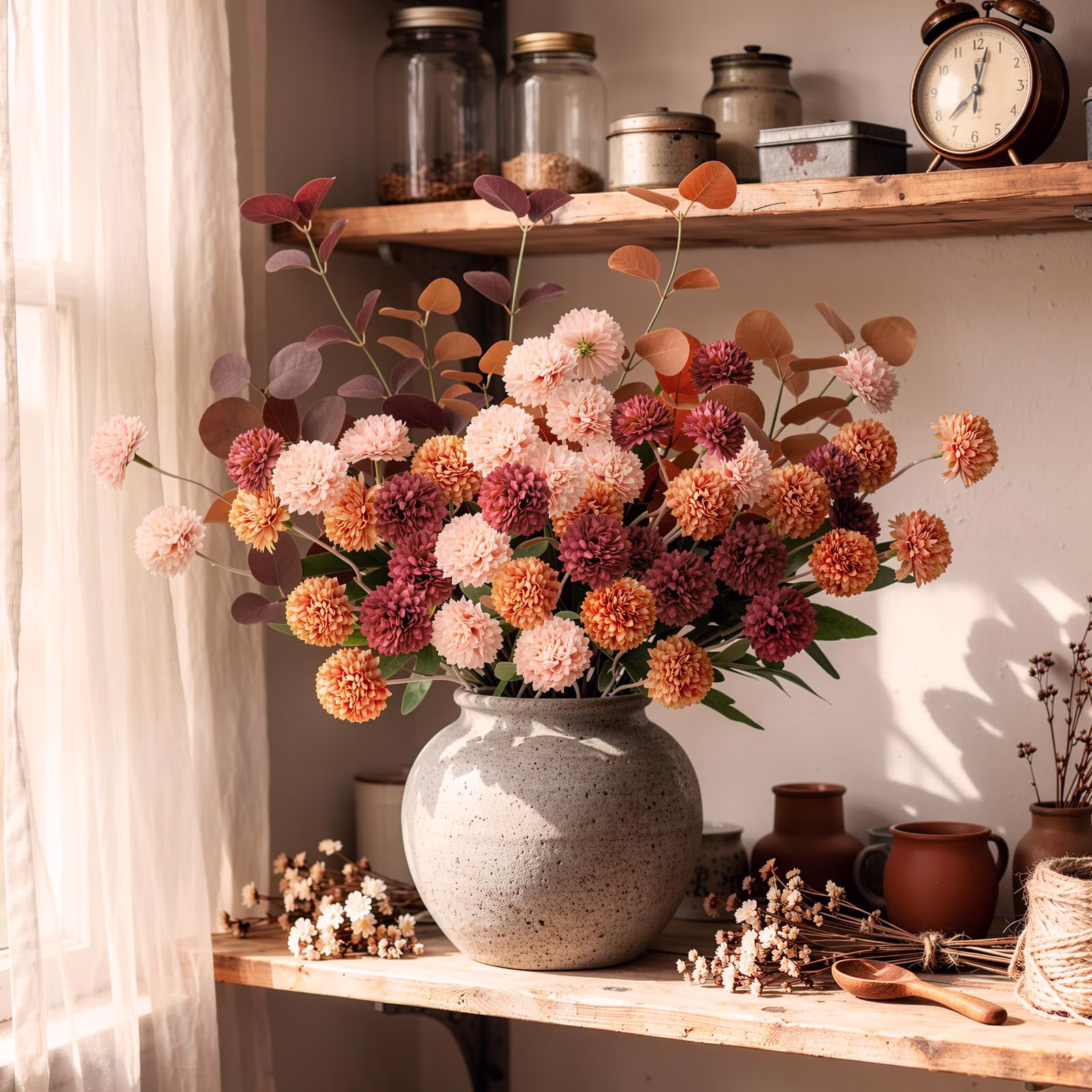 Lewondr Artificial Fall Fake Flowers Silk Pompon Mums, 9Pcs Faux Chrysanthemum with 8 Stem Eucalyptus, Autumn Floral Centerpieces for Home Table DIY Bouquet Wedding Decorations, Dark Red