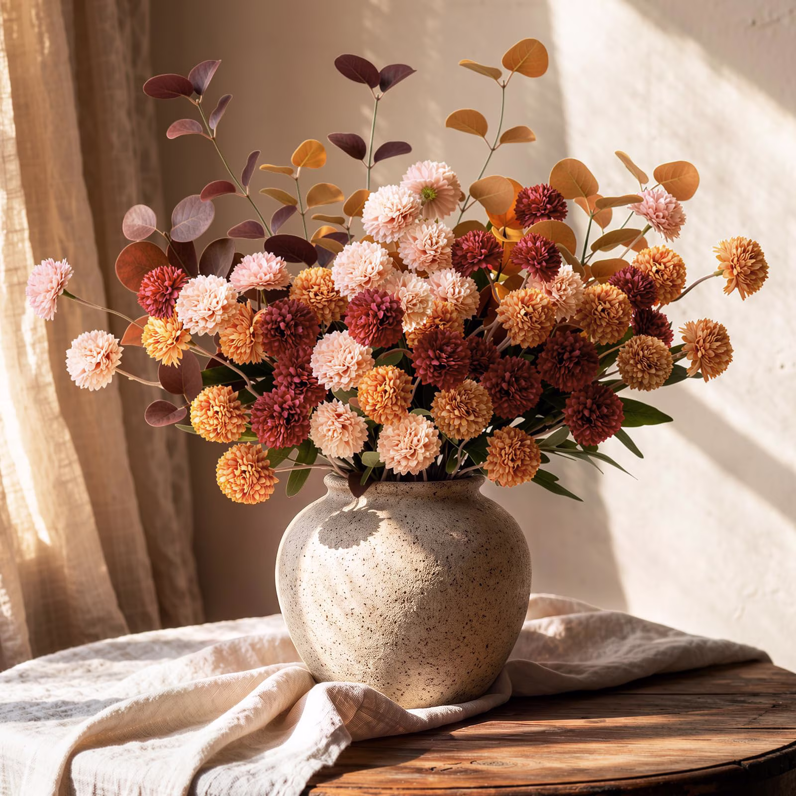 Lewondr Artificial Fall Fake Flowers Silk Pompon Mums, 9Pcs Faux Chrysanthemum with 8 Stem Eucalyptus, Autumn Floral Centerpieces for Home Table DIY Bouquet Wedding Decorations, Dark Red