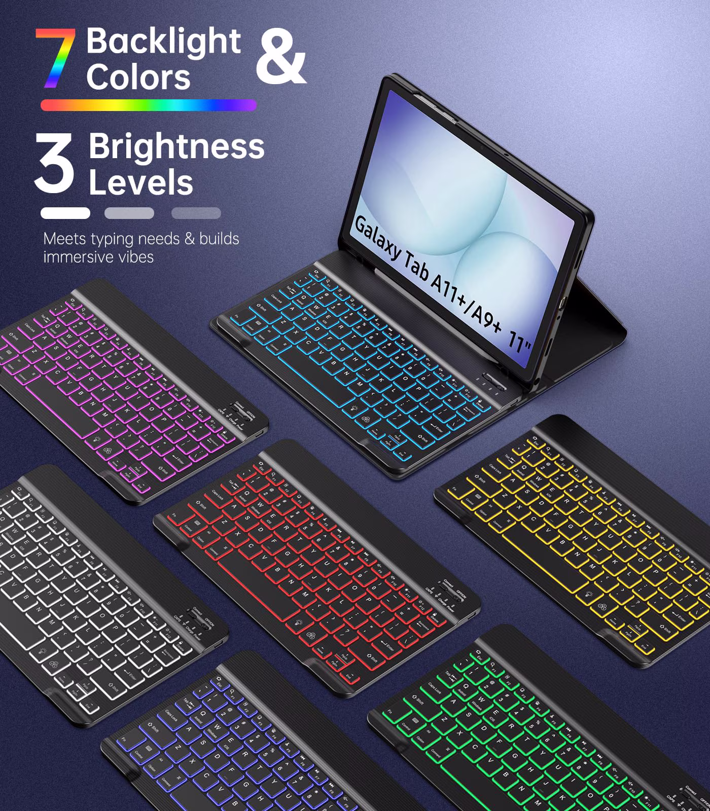 MoKo Case for Samsung Galaxy Tab A11 Plus/A9 Plus 11" Case with Keyboard & Mouse (2026/2024) - 7 Color Backlit Detachable Wireless Keyboard Cover with Pen Holder, Black