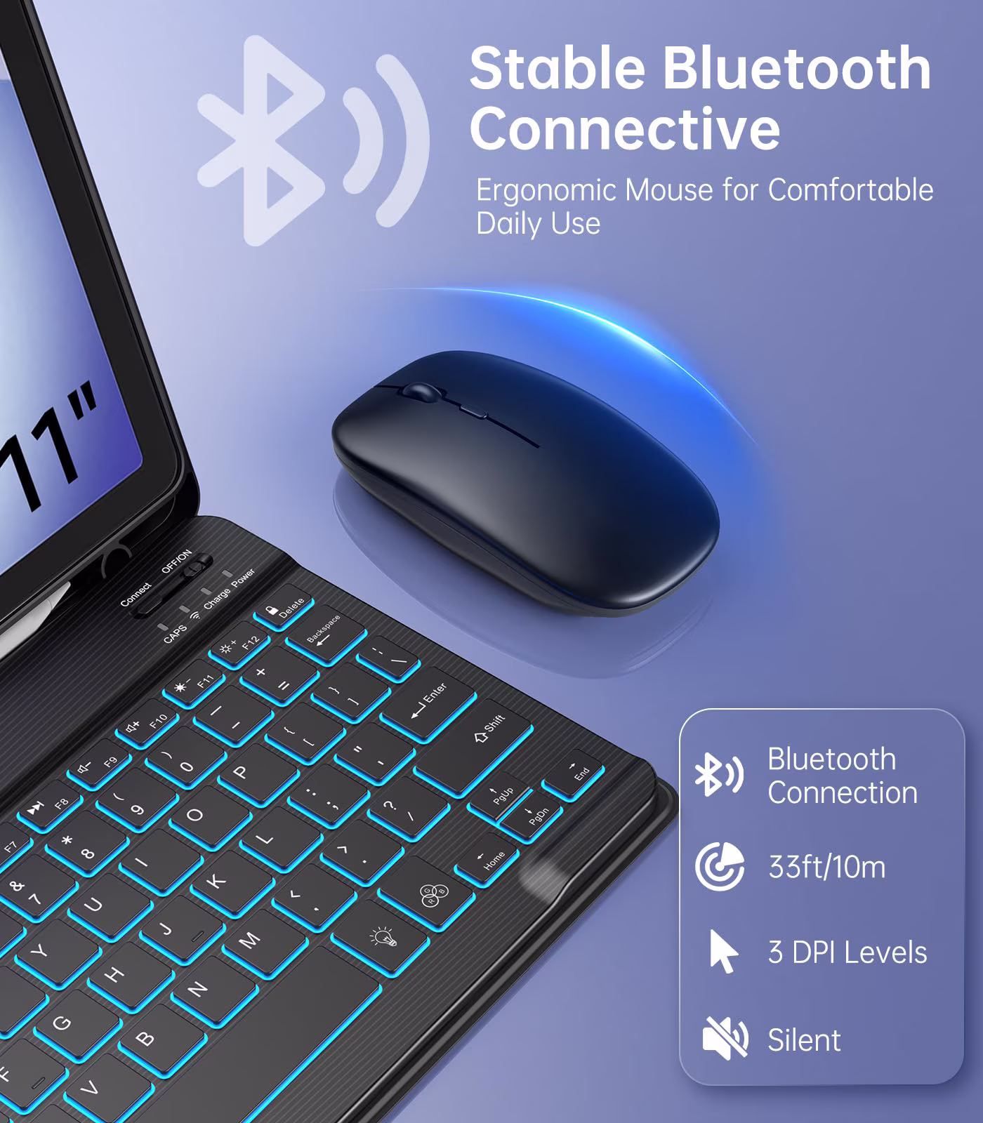 MoKo Case for Samsung Galaxy Tab A11 Plus/A9 Plus 11" Case with Keyboard & Mouse (2026/2024) - 7 Color Backlit Detachable Wireless Keyboard Cover with Pen Holder, Black