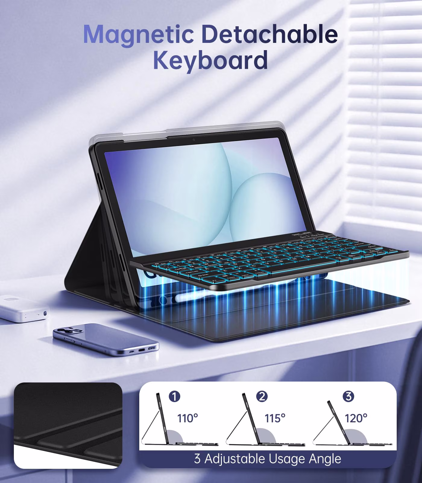 MoKo Case for Samsung Galaxy Tab A11 Plus/A9 Plus 11" Case with Keyboard & Mouse (2026/2024) - 7 Color Backlit Detachable Wireless Keyboard Cover with Pen Holder, Black