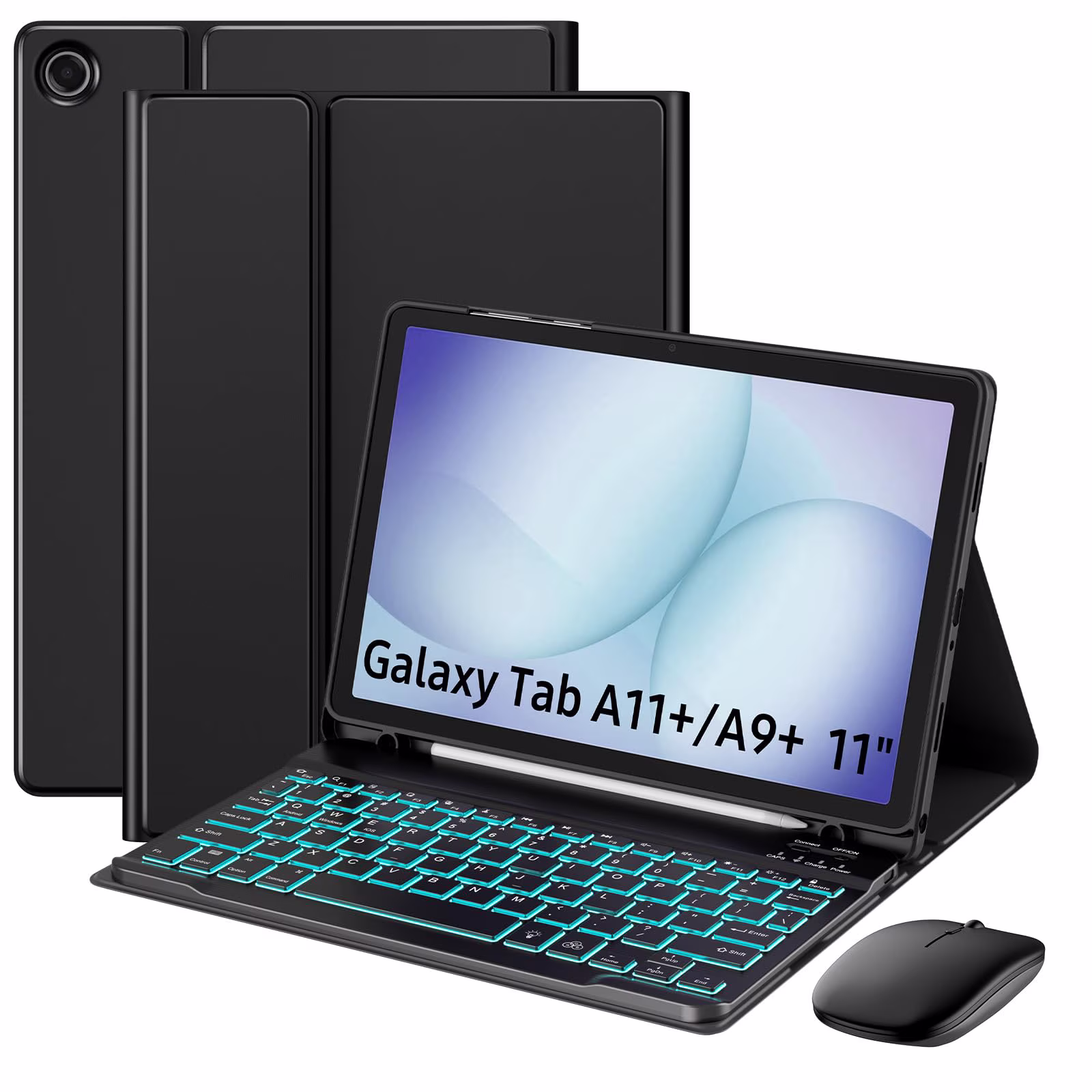 MoKo Case for Samsung Galaxy Tab A11 Plus/A9 Plus 11" Case with Keyboard & Mouse (2026/2024) - 7 Color Backlit Detachable Wireless Keyboard Cover with Pen Holder, Black