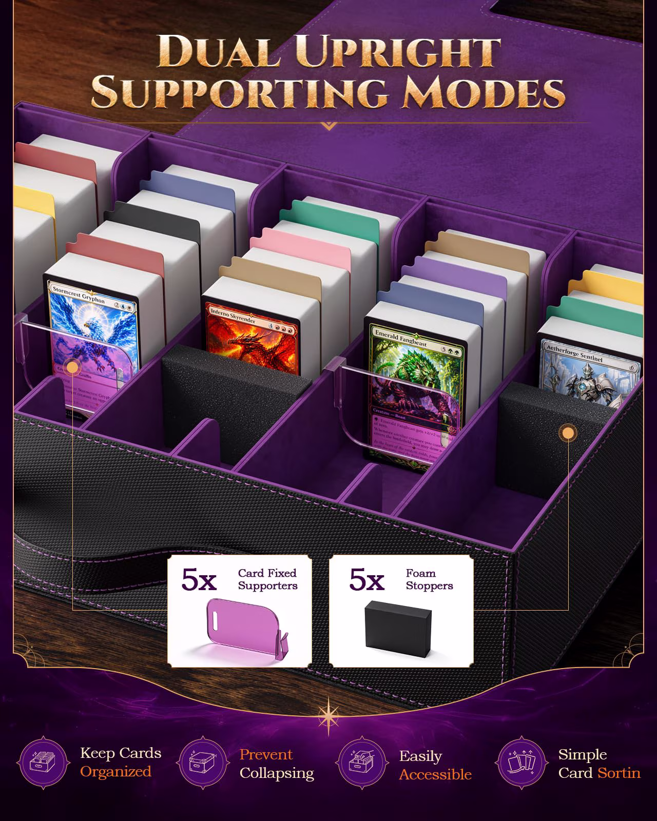 MoKo Trading Card Storage Box for MTG, 3900+ Card Storage Box with Commander Display & Handle, Top Loaders Organizer Case for Magic Game, TCG PTCG Sport Cards, Black Purple