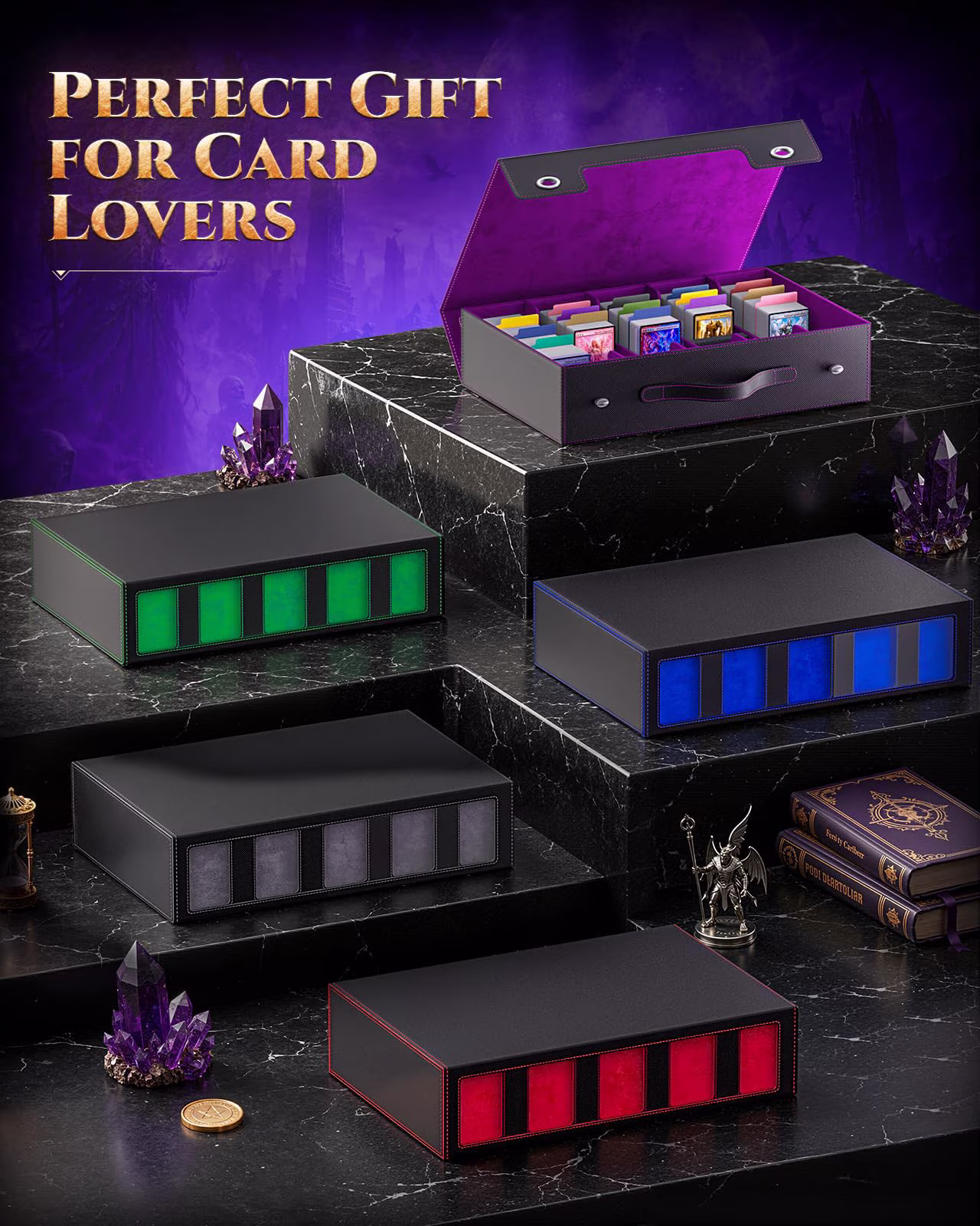 MoKo Trading Card Storage Box for MTG, 3900+ Card Storage Box with Commander Display & Handle, Top Loaders Organizer Case for Magic Game, TCG PTCG Sport Cards, Black Purple