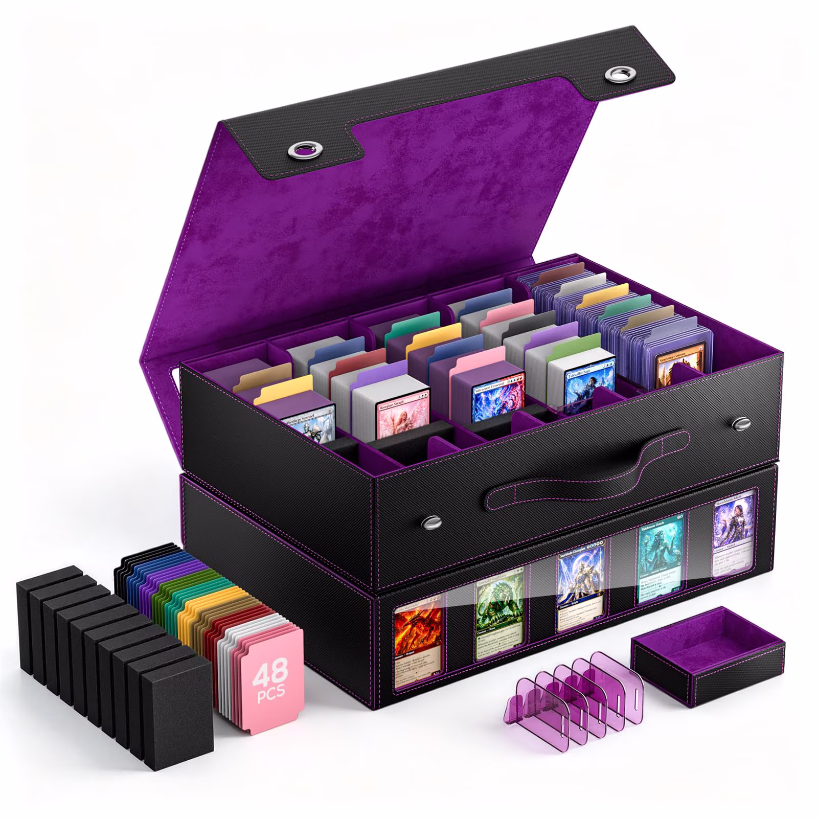 MoKo Trading Card Storage Box for MTG, 3900+ Card Storage Box with Commander Display & Handle, Top Loaders Organizer Case for Magic Game, TCG PTCG Sport Cards, Black Purple