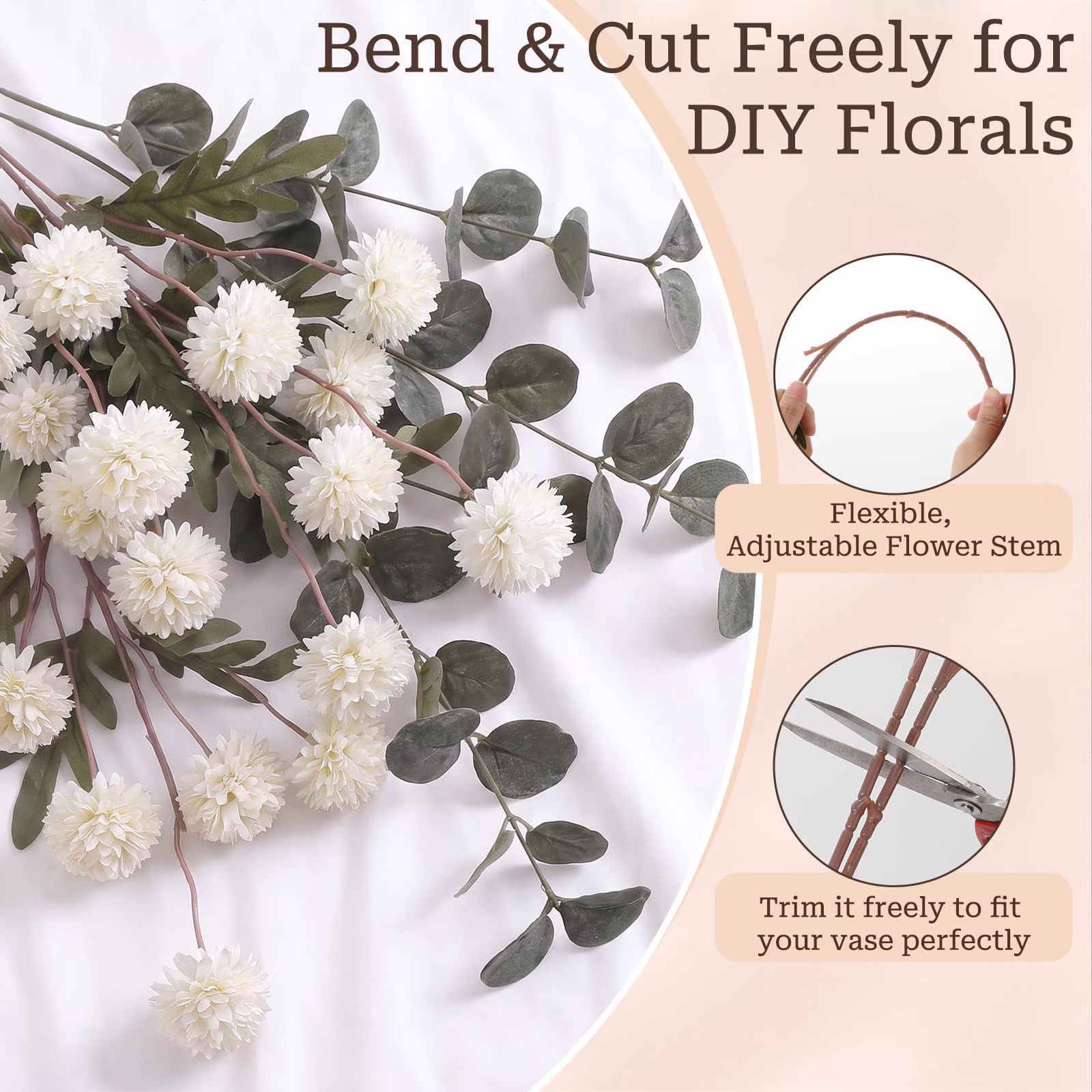 Lewondr Artificial Fall Fake Flowers Silk Pompon Mums, 8Pcs Faux Chrysanthemum with 8 Stem Eucalyptus, Autumn Floral Centerpieces for Home Table DIY Bouquet Wedding Decorations, White