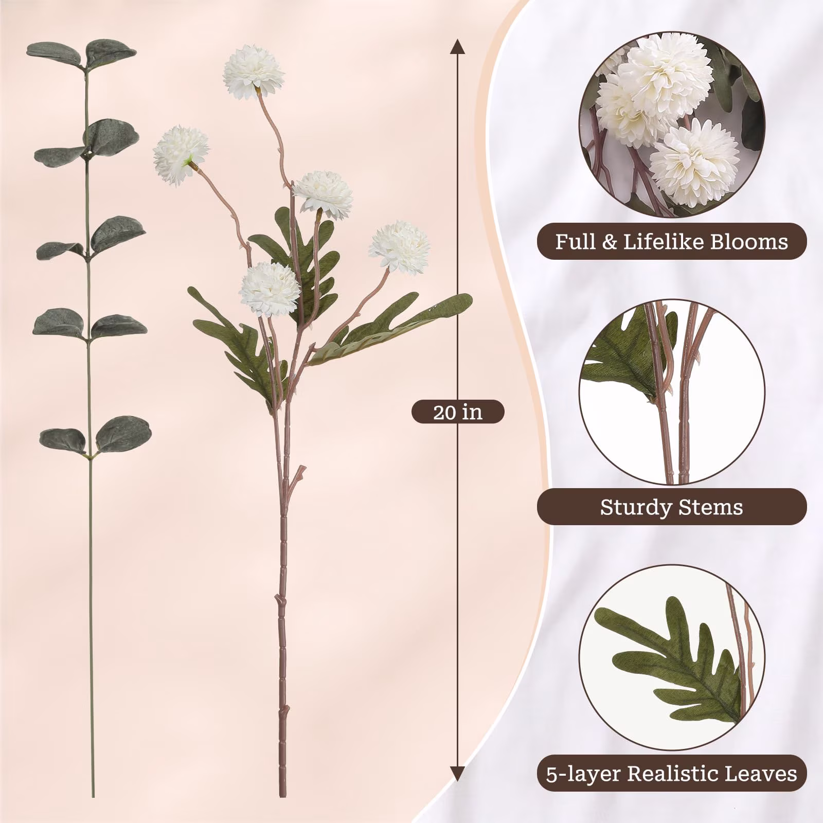 Lewondr Artificial Fall Fake Flowers Silk Pompon Mums, 8Pcs Faux Chrysanthemum with 8 Stem Eucalyptus, Autumn Floral Centerpieces for Home Table DIY Bouquet Wedding Decorations, White